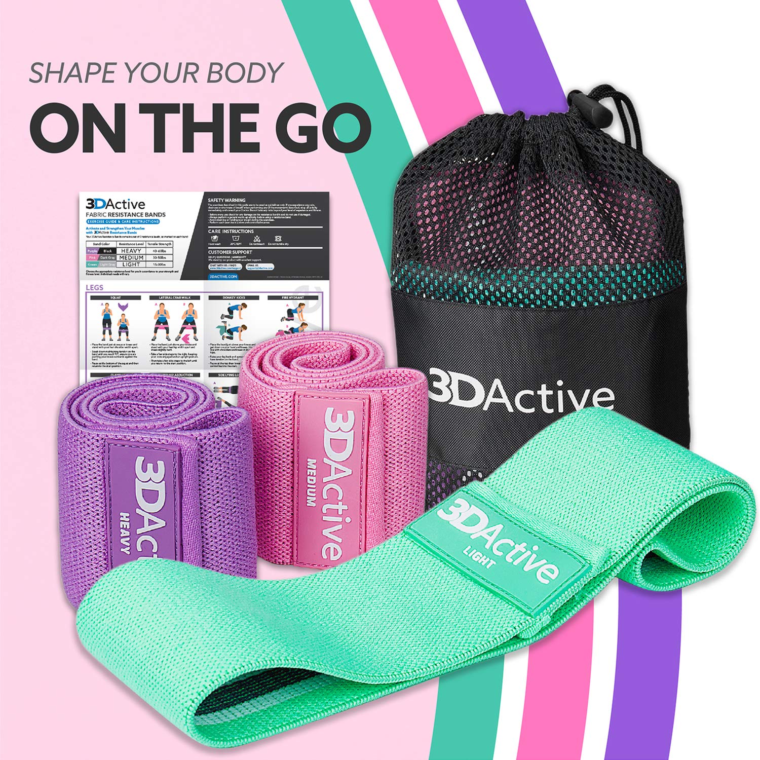 3DActive Fabric Resistance Bands for Legs & Butt Workouts - Non-Slip Hip Band Set for Home & Gym Training - Includes Exercise Guide & Carry Bag - Perfect for Squats, Yoga, Pilates & Strength Training