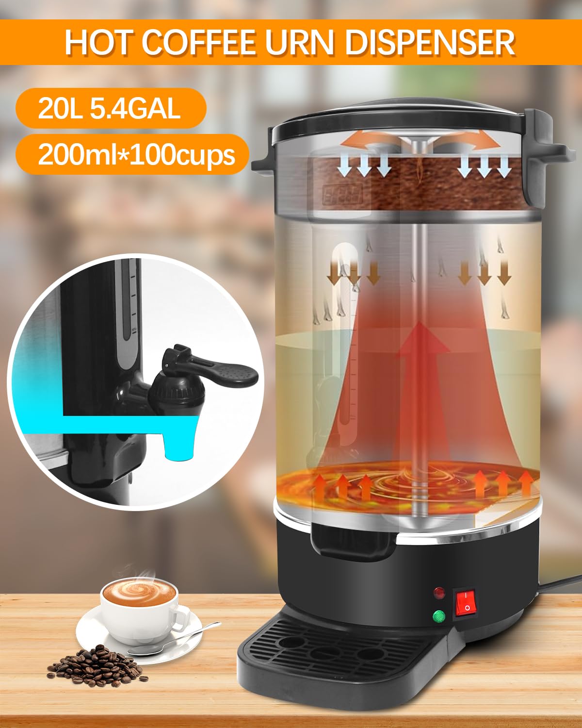 **Commercial Electric Coffee Percolator - 100 Cup (20L/5.4GAL) Stainless Steel Coffee Urn with Filter - Fast Brew Coffee Maker & Hot Water Dispenser - 110V - Perfect for Restaurants, Offices & Large Gatherings**