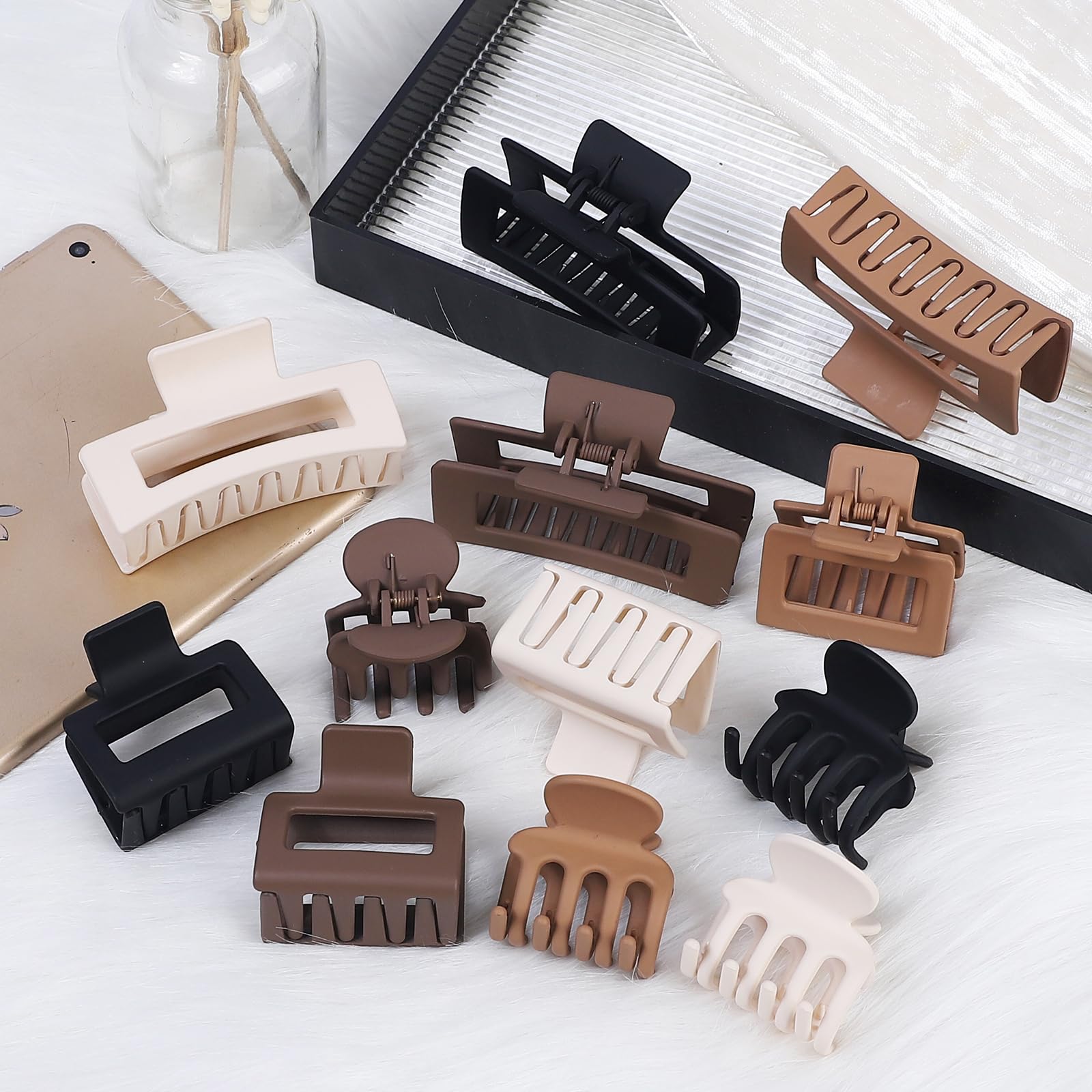 3 Styles Hair Clips for Women - Small, Medium & Large Claw Clips for Thin to Thick Hair - 12PC Hair Accessories Set (Brown) - Perfect for Work, School, Travel & Everyday Hairstyles