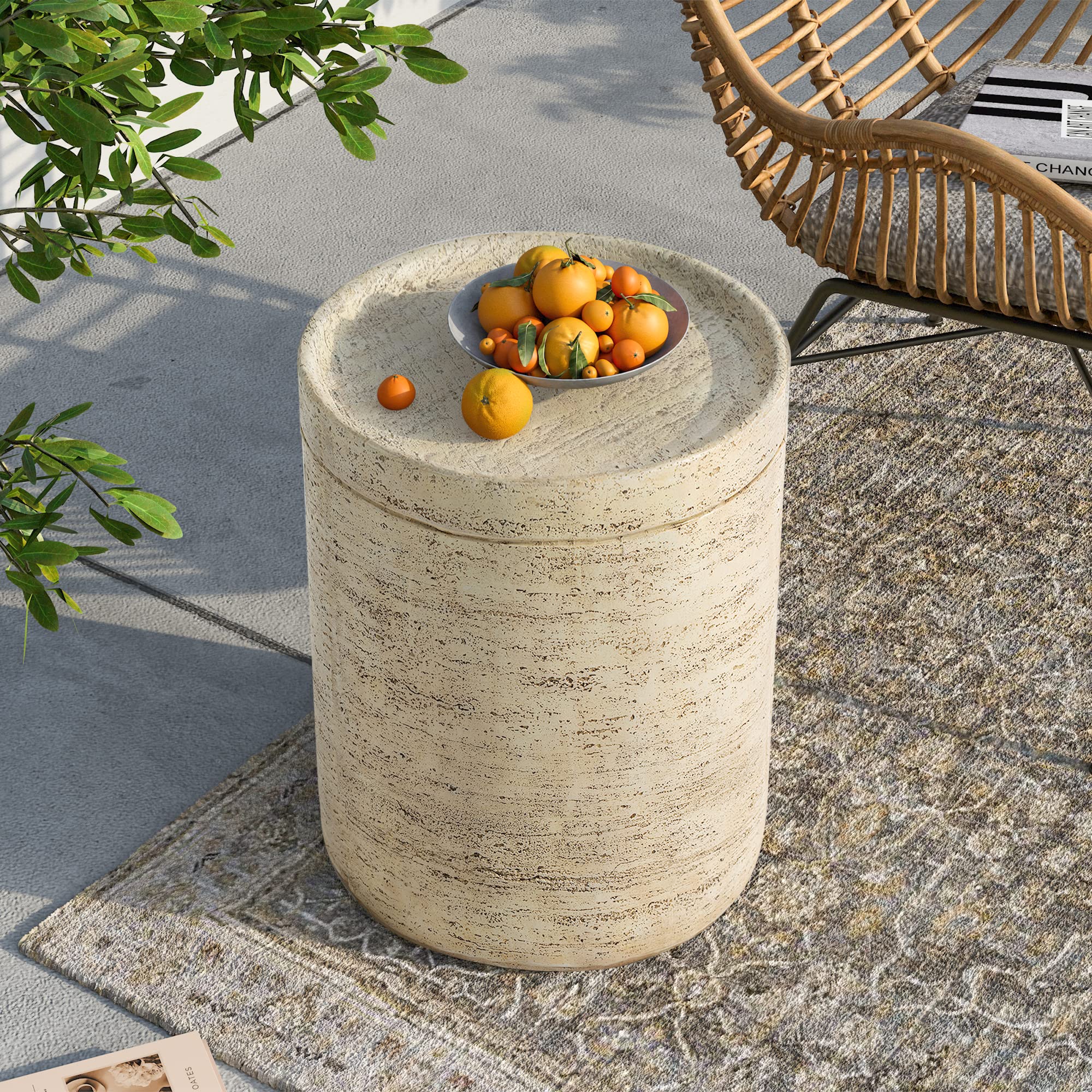 SUNBURY Outdoor Side Table for Patio - Modern Round Concrete Accent End Table, Stone Coffee Table, Milky Cement Side Table - Perfect for Garden, Balcony, and Poolside Decor
