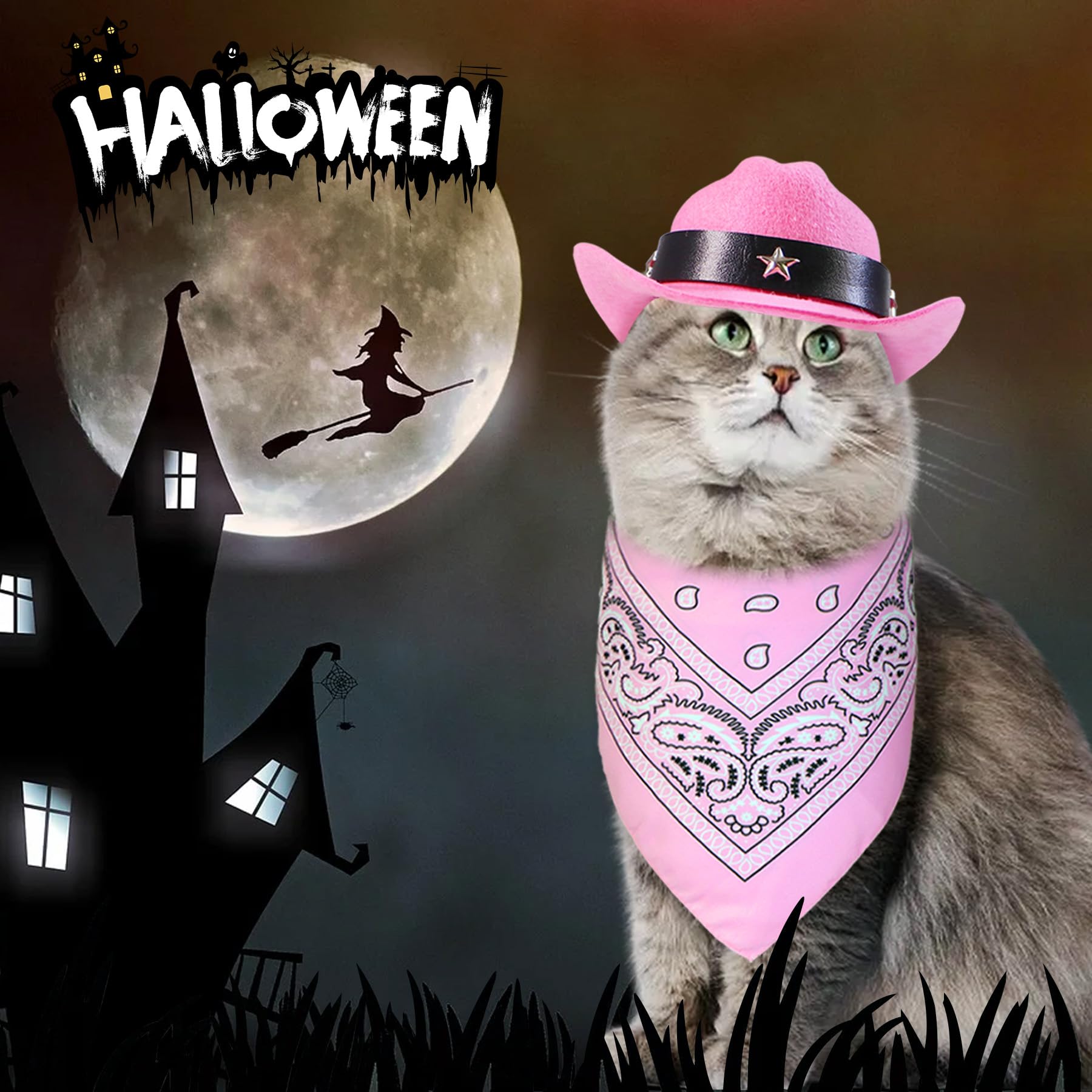 **Cowboy Costume for Cats - Cowboy Hat & Bandana Set | Funny Halloween Pet Costume for Kittens & Small Pets (Pink) - Perfect for Halloween Parties & Photo Shoots**