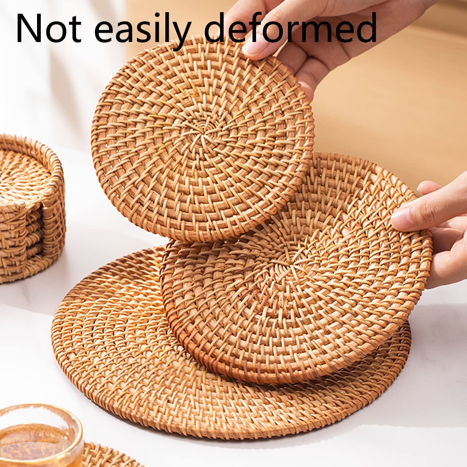 Round Woven Placemats for Dining Table - Natural Farmhouse Style Heat-Resistant Coasters (Set of 4, 8cm) - Perfect for Tea Time, Dinner Parties & Rustic Home Decor