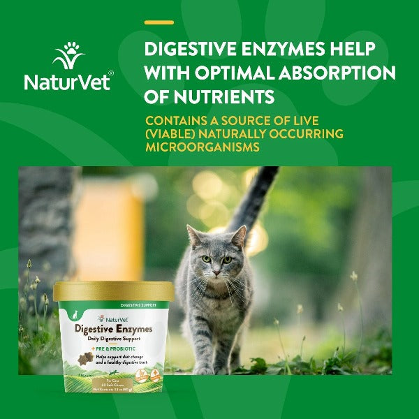 NaturVet Digestive Enzymes with Prebiotics & Probiotics Soft Chews for Cats - Supports Healthy Digestion & Gut Health - Perfect for Sensitive Stomachs & Mealtime Comfort