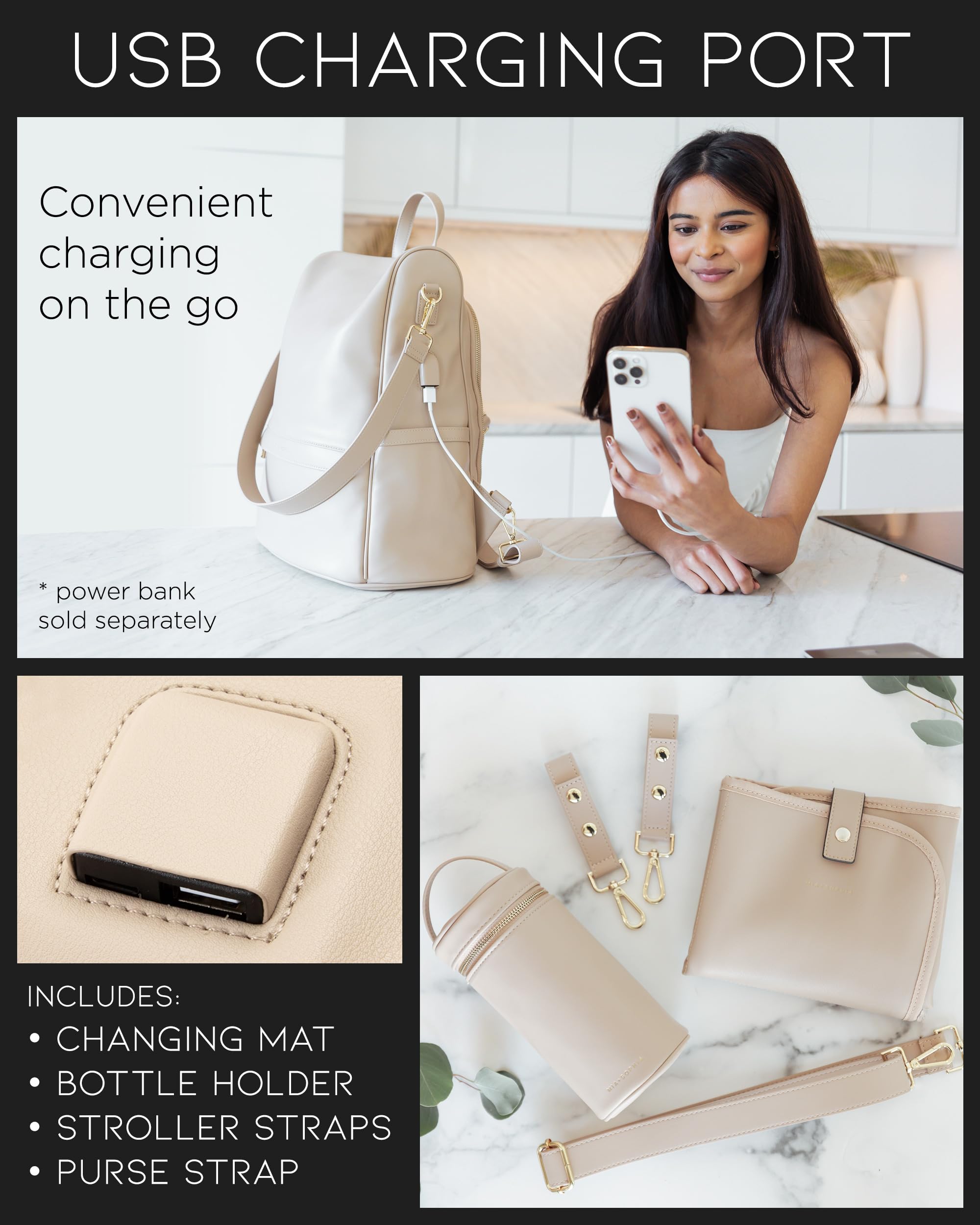 Premium Leather Diaper Bag Backpack with USB Charging Port, Insulated Bottle Holder & Stroller Straps - Includes Changing Pad - Perfect for Moms & Dads On-The-Go (Beige Mia) - Ideal for Travel, Shopping & Baby Care Essentials