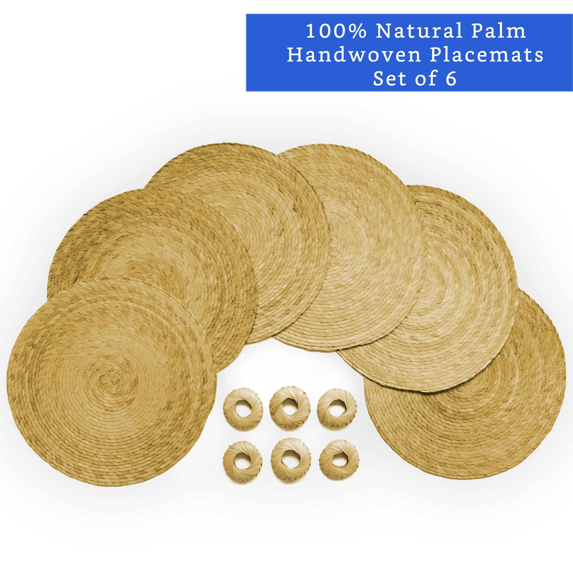 Handmade Natural Woven Round Placemats Set of 6 with Napkin Rings - Eco-Friendly Straw Wicker Chargers for Dining Table - Rustic Wedding & Home Decor Place Settings for Everyday Use & Special Occasions