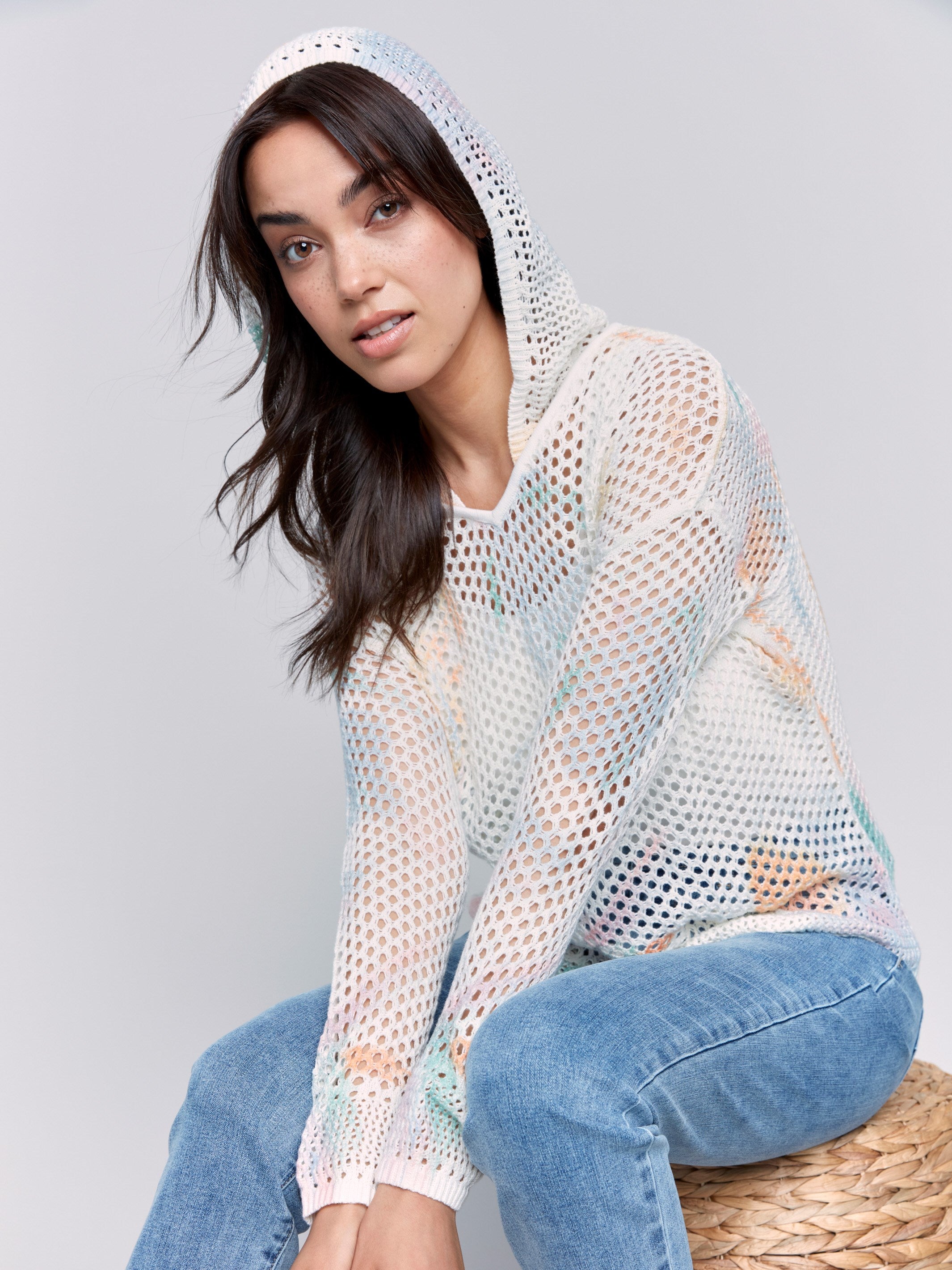 Pastel Printed Fishnet Crochet Hoodie Sweater for Women - Trendy Oversized Pullover for Streetwear, Festival Fashion & Casual Outfits