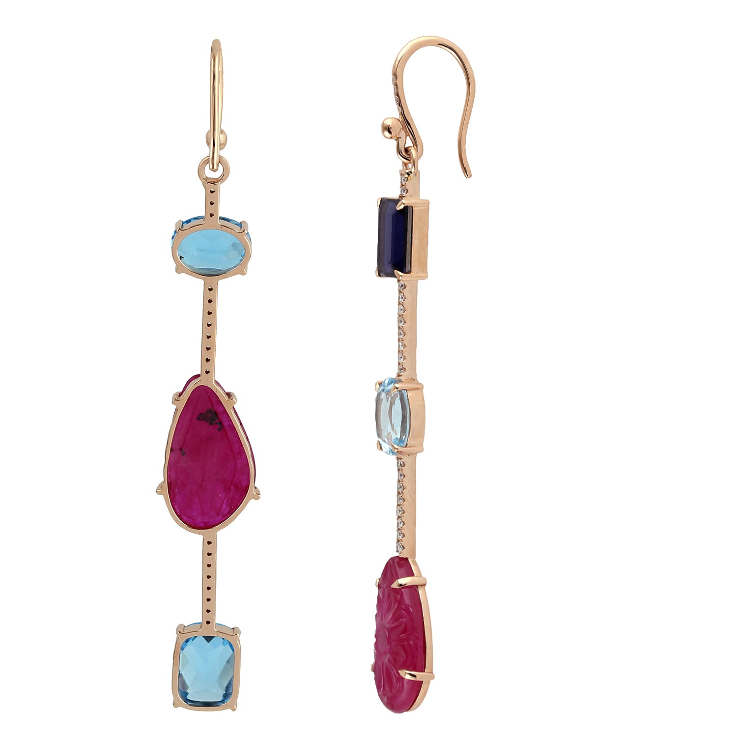 18K Rose Gold Carved Ruby Blue Topaz Iolite Pave Diamond Drop Ear Hook Earrings - Elegant Dangling Jewelry for Parties, Weddings & Special Occasions
