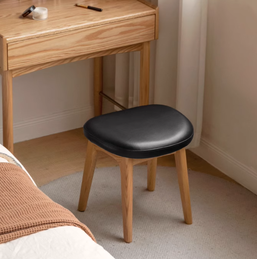Solid Oak & Black Walnut Wood Makeup Stool - Durable Beauty Vanity Seat with Cushion for Bedroom, Dressing Room & Salon Use