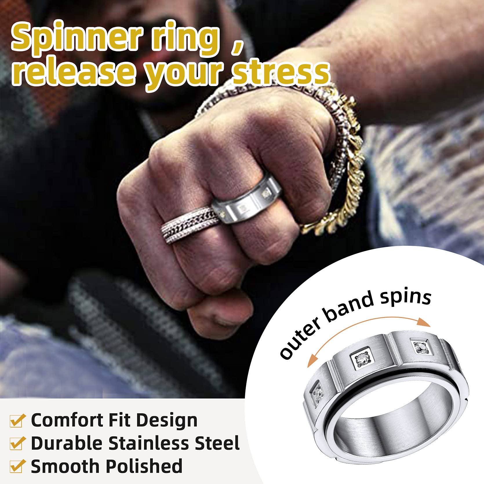 GOLDCHIC Spinner Ring for Men & Women - Sand Blast Finish Celtic Fidget Band Ring for Anxiety Relief - Titanium Steel Worry Ring in Black & 18k Gold Plated (8mm, Size 7-12) with Gift Box - Perfect for Stress Relief, Meditation & Focus