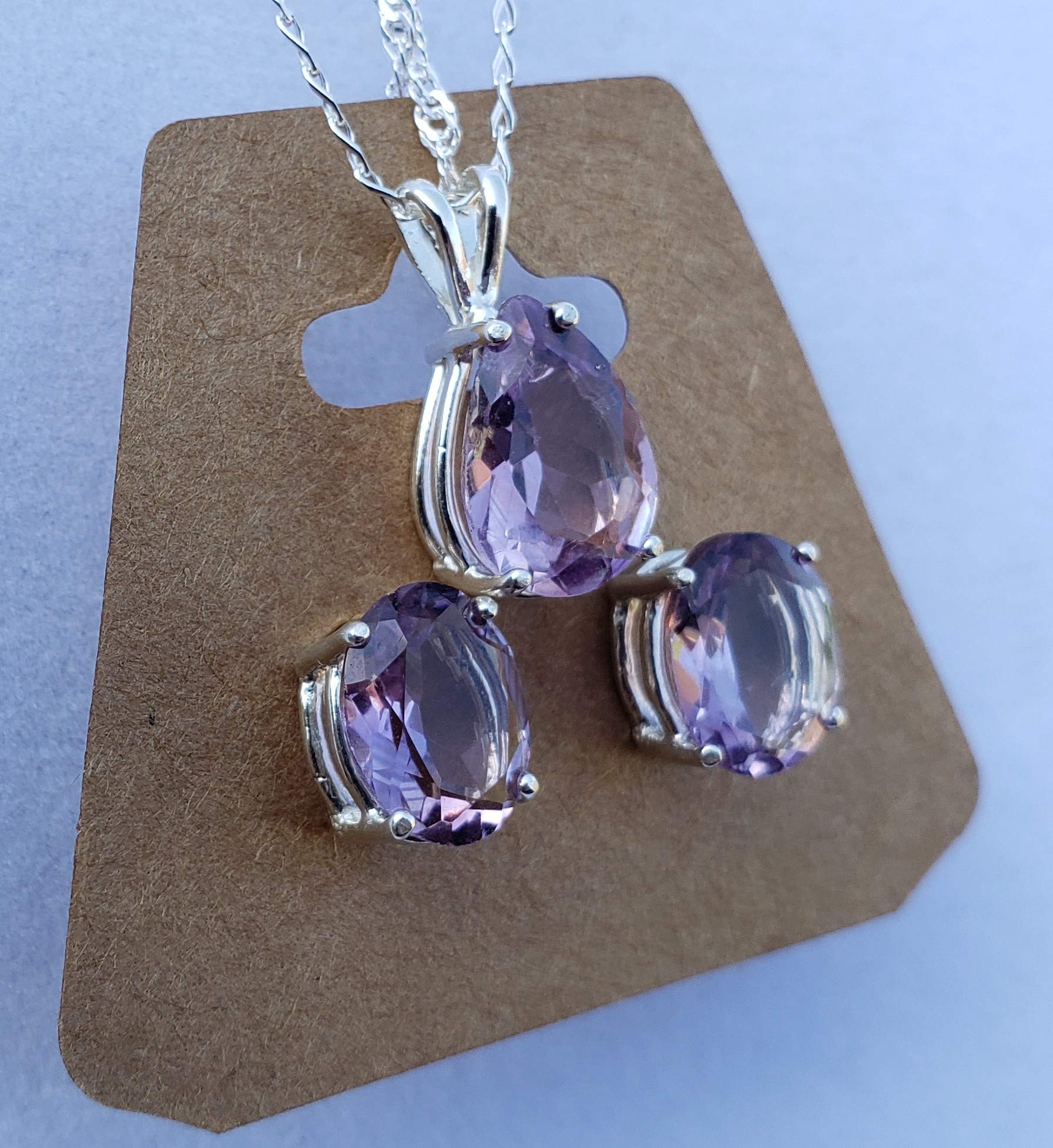 Natural Amethyst Sterling Silver Earrings & Necklace Set for Women - Elegant Purple Crystal Jewelry Gift for Birthday, Anniversary & Special Occasions