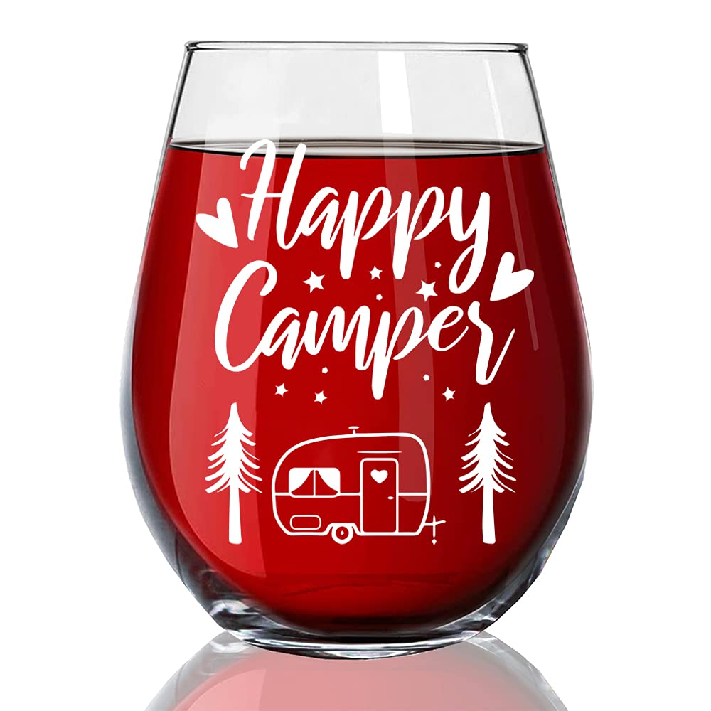 Happy Camper Funny Wine Glass - Birthday Gifts for Women, Sister & BFF - Cute Camping Gifts for Her - Glamping RV Kitchen Accessories - Perfect for Thanksgiving, Christmas & Graduation - Great for Outdoor Adventures, Girls' Night & Wine Tasting Parties