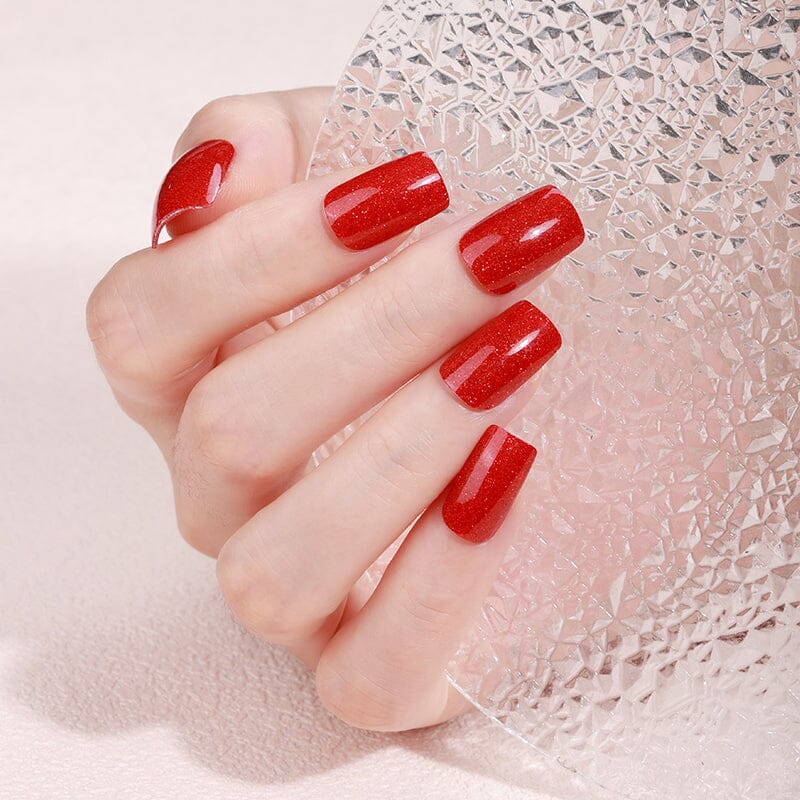 16PCS Red Glitter Full Cover Nail Stickers - Self-Adhesive Fake Nails for Women - Perfect for Parties, Weddings & Special Occasions