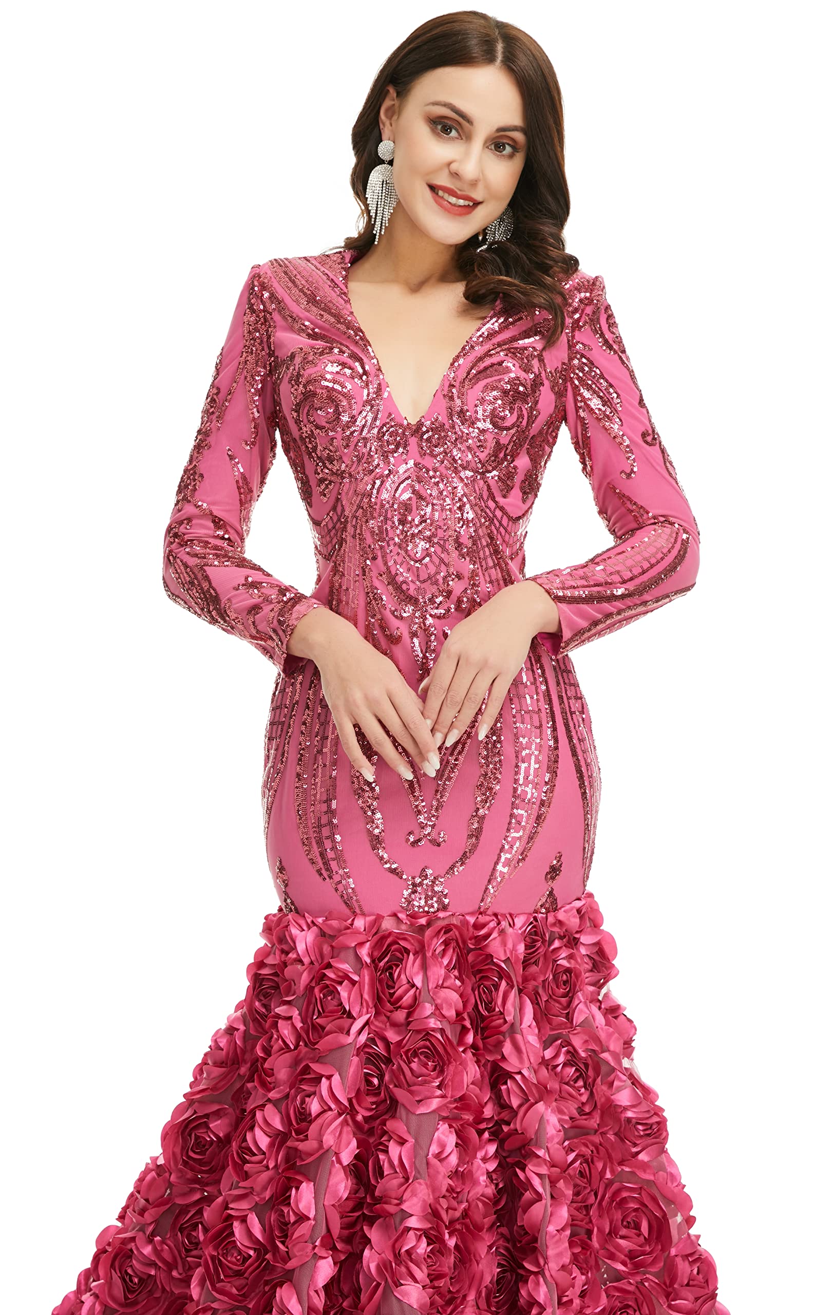 Elegant Women's Long Sleeve V-Neck Rose Sequin Mermaid Evening Dress for Prom, Party & Special Occasions