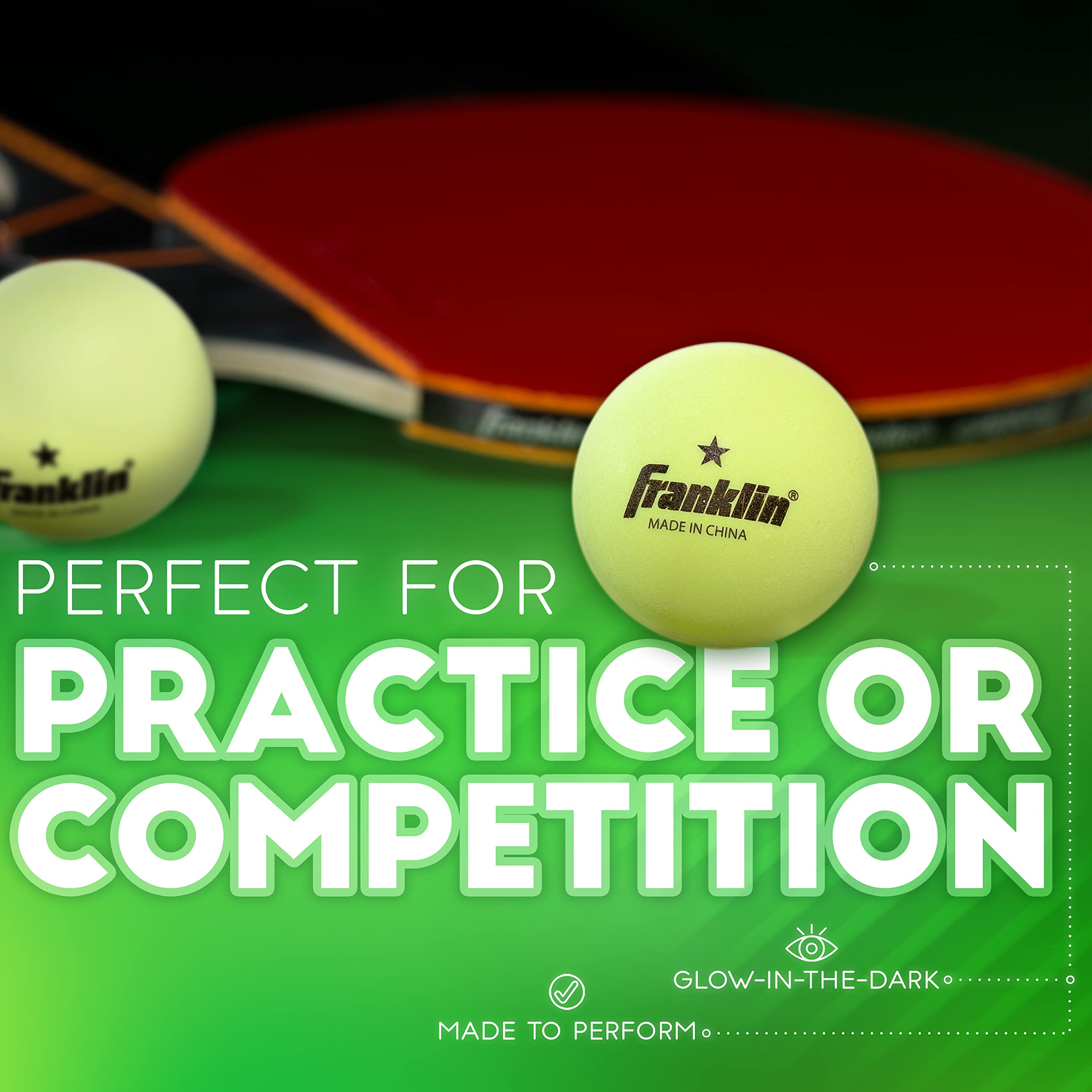 Franklin Sports Glow in The Dark Ping Pong Balls - 40mm Official Size Table Tennis Balls (6-Pack) - High Performance Glowing Green Balls for Night Play, Practice & Indoor/Outdoor Games