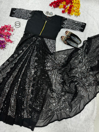 Black & Silver Sequins Zip & Go 10 Second Saree Gown - Elegant Indian Party Dress for Weddings, Festivals & Special Occasions