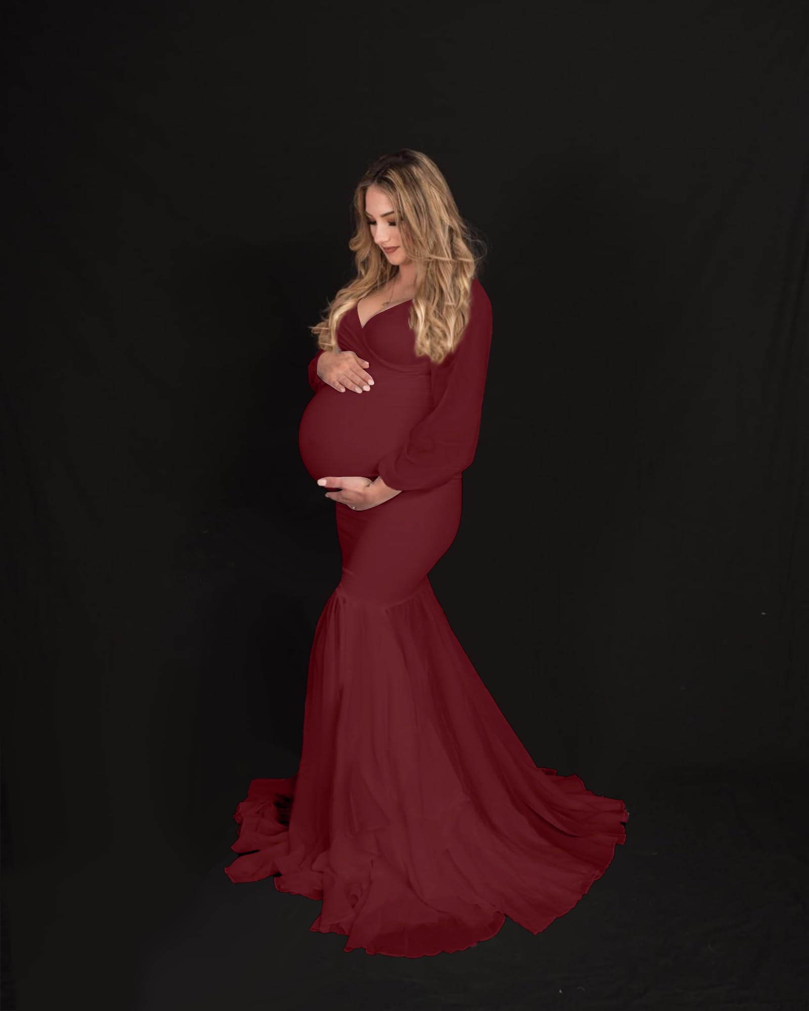 Saslax Elegant Long Chiffon Sleeve Mermaid Maternity Dress for Photoshoot, Baby Shower, Pregnancy Photos & Special Occasions | Flattering Fit for Expecting Mothers