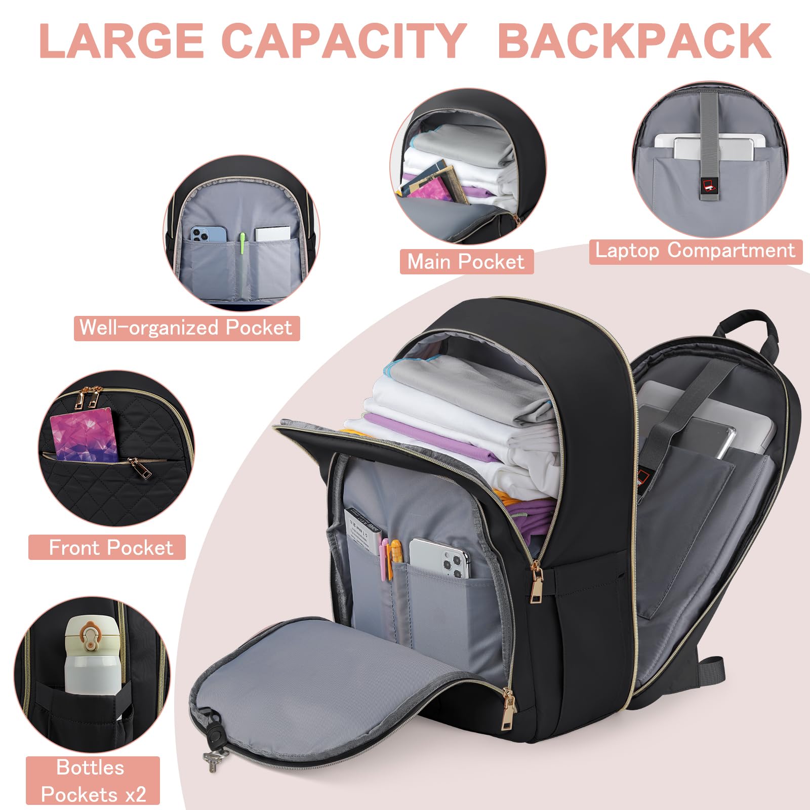 15.6 Inch Women's Travel Backpack - TSA Friendly Carry On Laptop Backpack with USB Charging Port & Headphone Jack, Waterproof College School Business Backpack (Black) - Perfect for Air Travel, Commuting & Campus Life