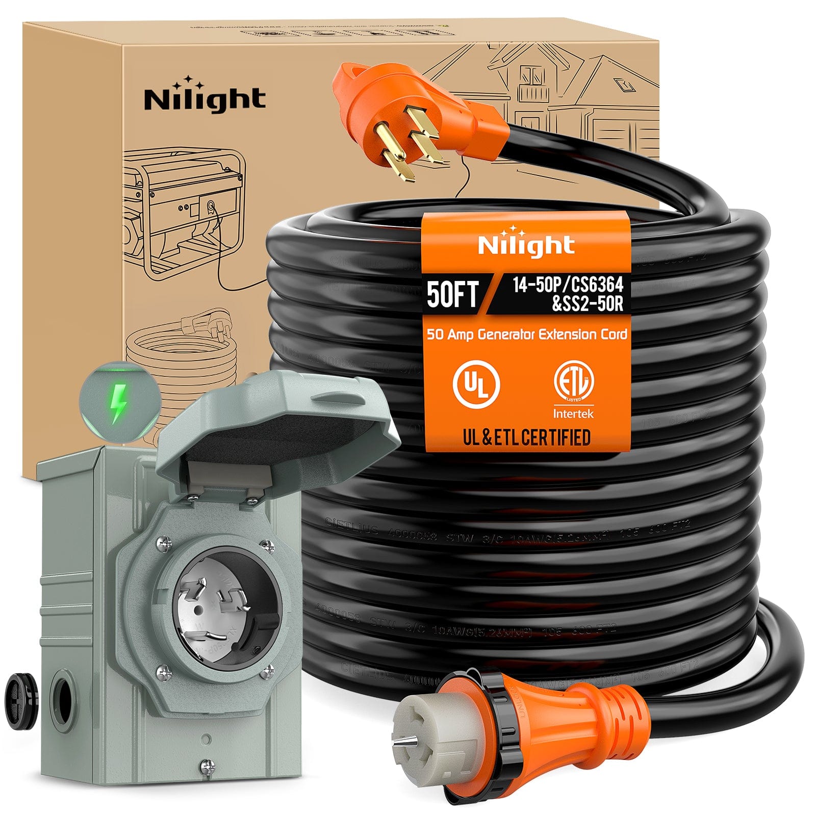 50A 50FT Heavy Duty Generator Extension Cord with Locking Connector - Weatherproof Power Inlet Box for RV, Camper & Outdoor Emergency Backup Power