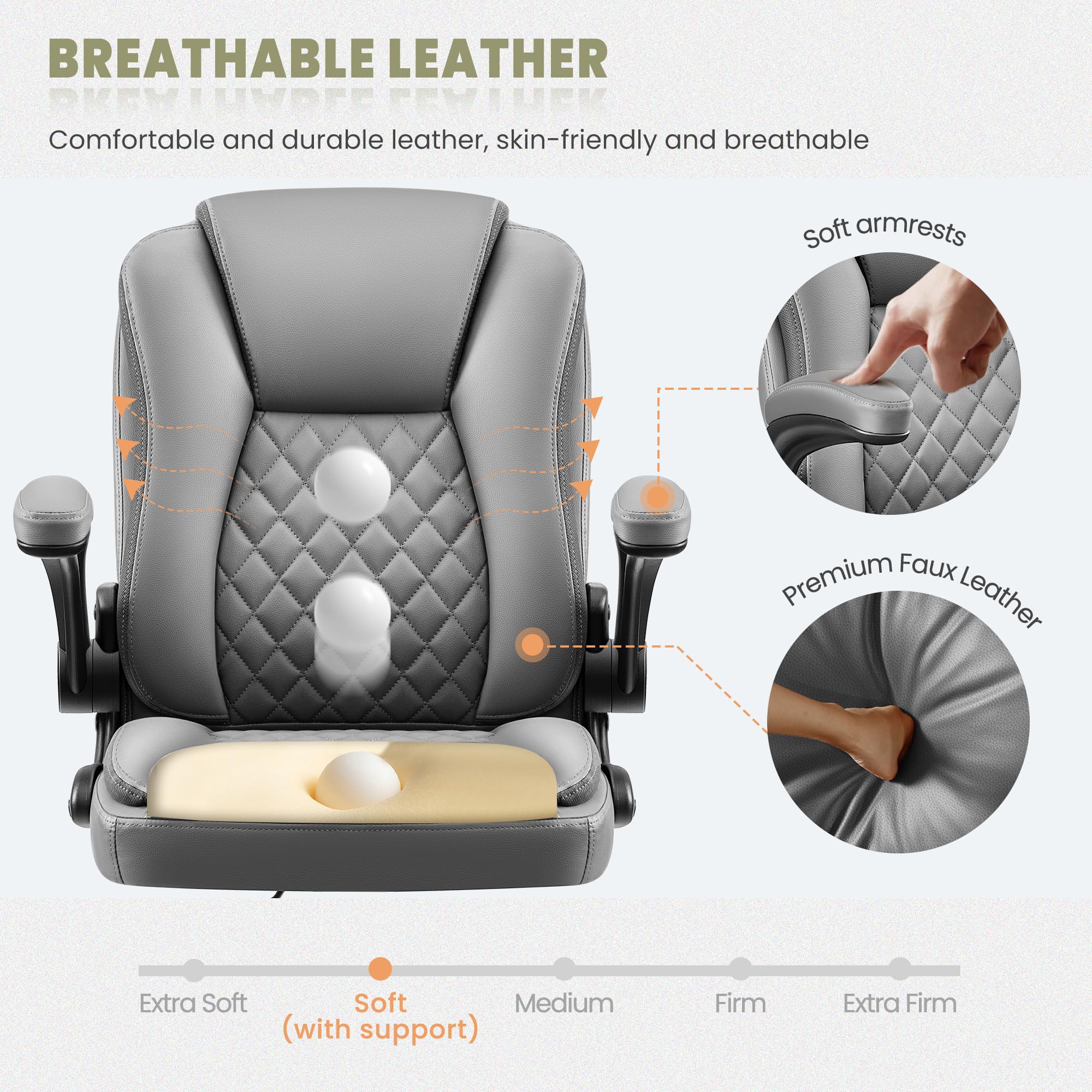 Premium Ergonomic Office Chair - Executive Leather Computer Desk Chair with Wheels, Swivel, Lumbar Support & Flip-Up Armrests - Gray - Perfect for Home Office, Gaming & Workspaces
