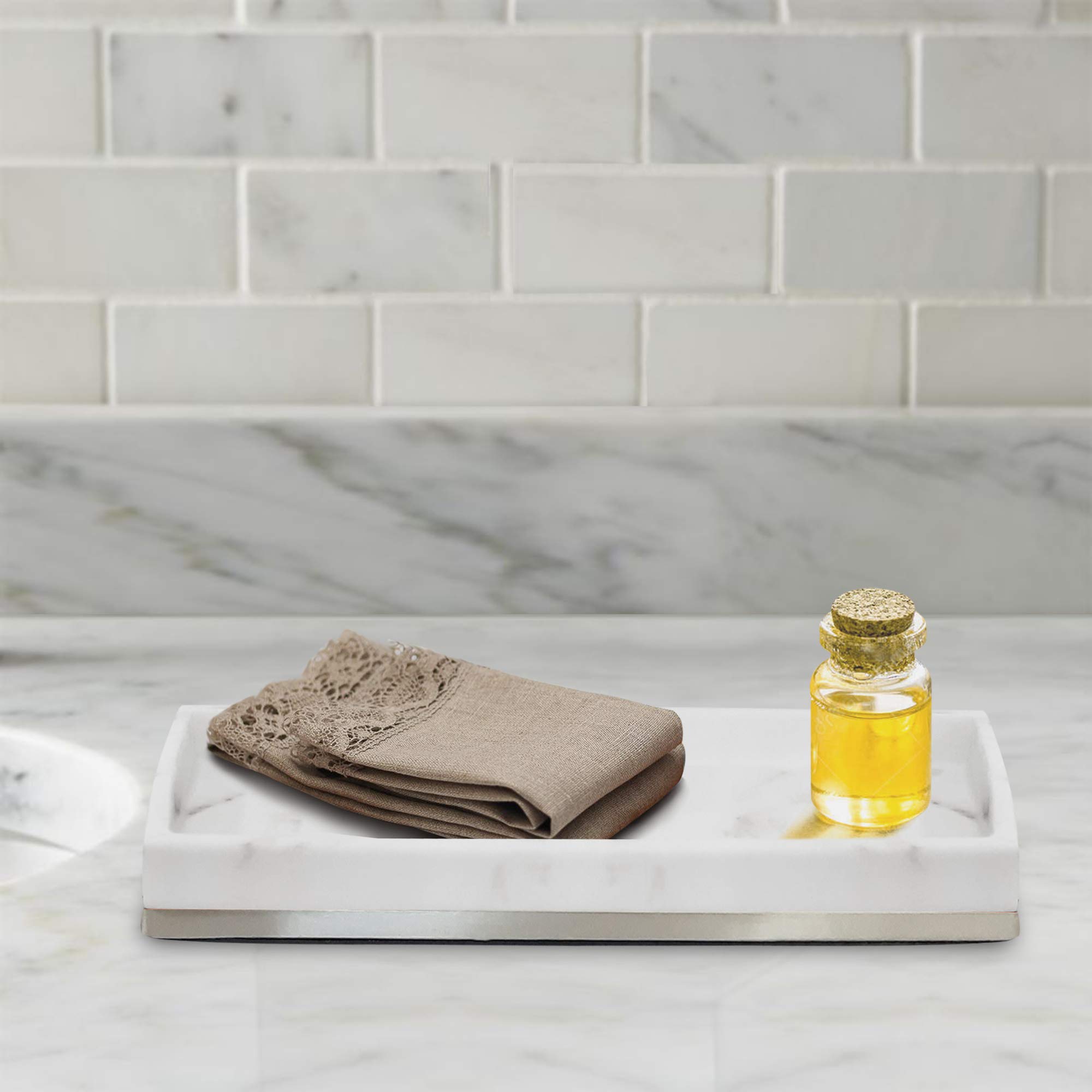 Nu Steel Misty Silver Amenity Tray - Elegant Resin Marble & Stainless Steel Bathroom Organizer for Towels, Crystals, Candles | Perfect for Vanity, Spa & Home Decor