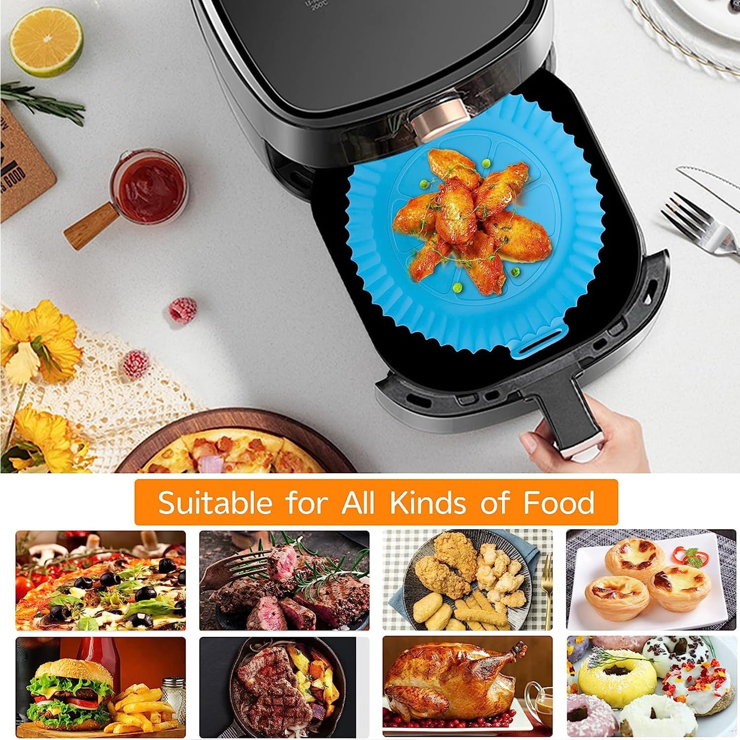 ZELKEY - Reusable Silicone Air Fryer Basket Liner & Baking Tray - Nonstick, Washable, Heat Resistant up to 450°F - Easy to Clean for Healthy Cooking - Perfect for Air Fryers, Ovens & Toaster Ovens (Blue, Pack of 1) - Ideal for Roasting, Baking & Frying Chicken, Fries & Veggies