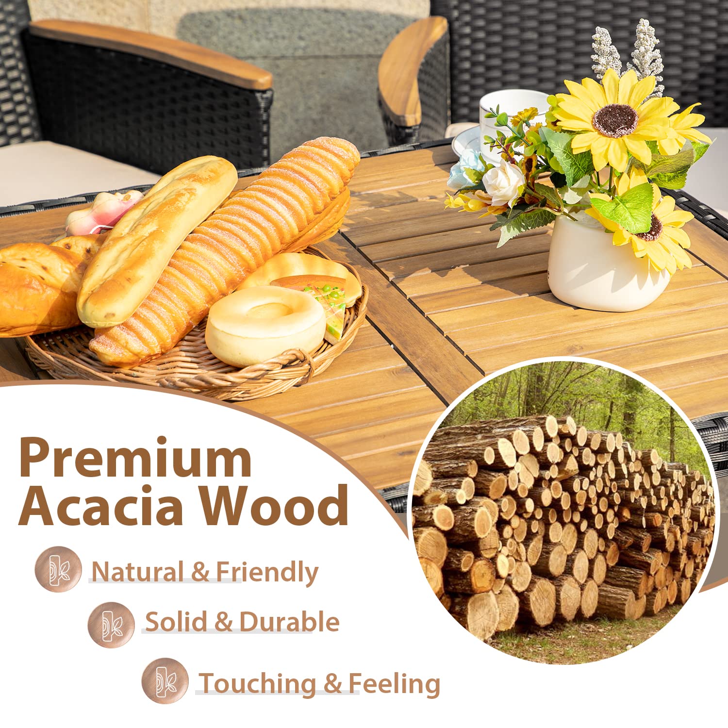 Flamaker 3-Piece Outdoor Patio Dining Set - Acacia Wood Table & Wicker Chairs with Cushions - Weather-Resistant Black Furniture for Deck, Backyard, Porch, Garden - Perfect for Outdoor Entertaining & Relaxation