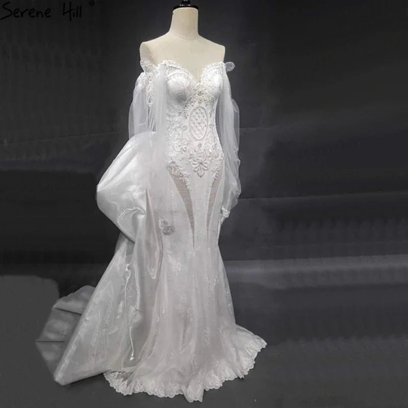 Elegant Off Shoulder Lantern Sleeves Wedding Dress with Crystal Lace - Custom Made Mermaid Bridal Gown for Dubai Weddings & Formal Events | Serene Hill HA2402
