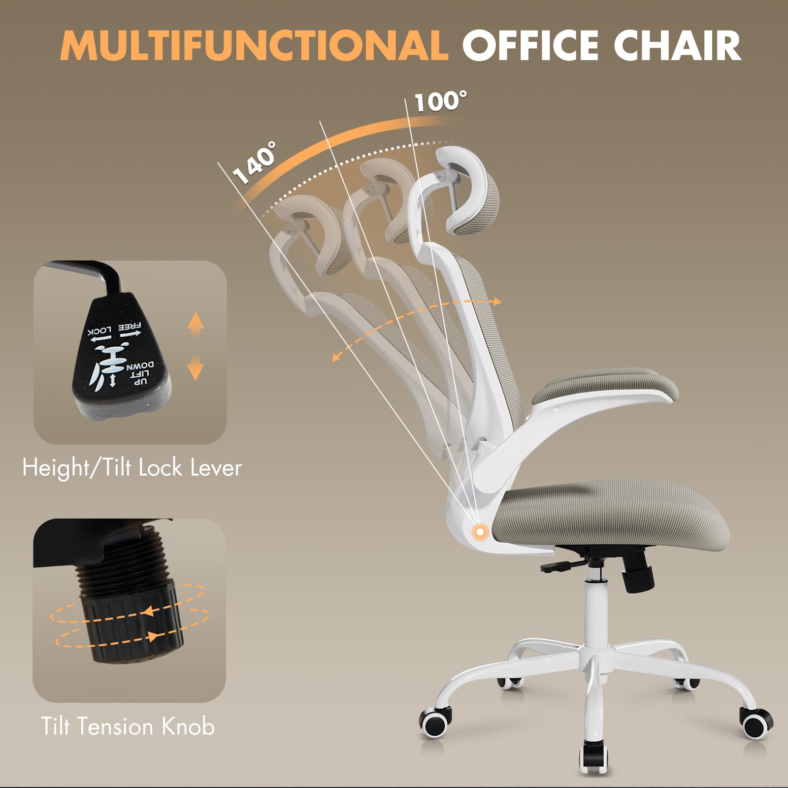 Ergonomic Office Chair with Adjustable Lumbar Support & Headrest - High Back Mesh Computer Desk Chair with Flip-Up Armrests, Breathable & Comfortable for Home Office, Gaming & Study - Perfect for Long Work Hours & Remote Work (Khaki)