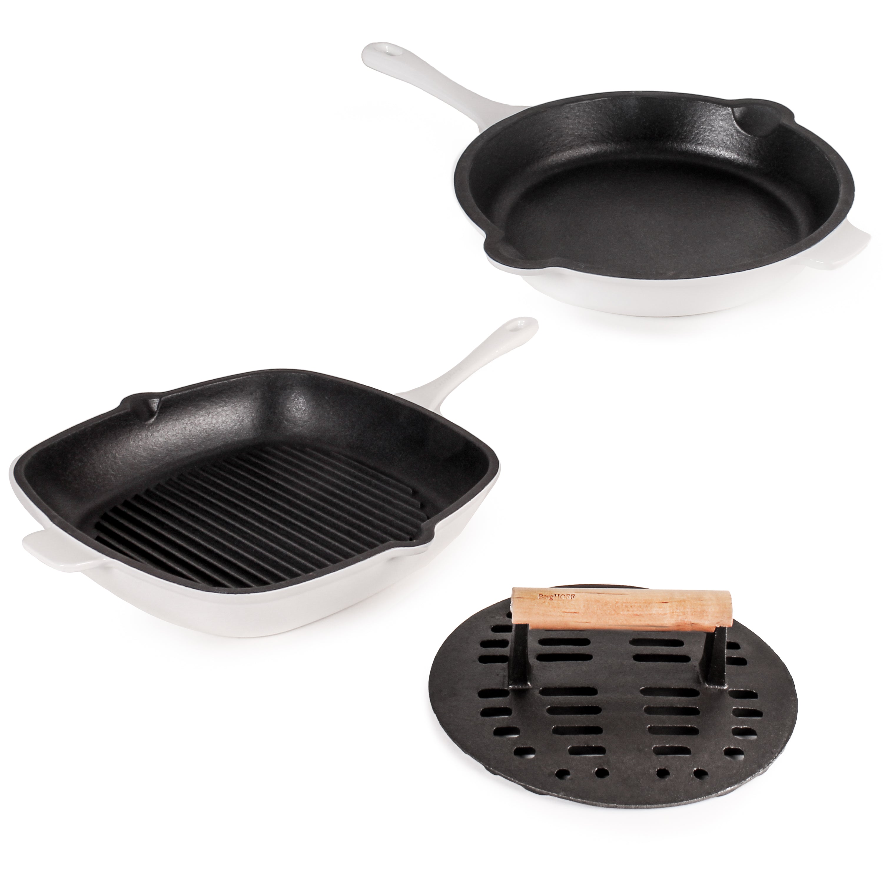 BergHOFF Neo 3-Piece Cast Iron Cookware Set - Grill Pan, Fry Pan & Slotted Steak Press - Premium White Enamel Coating - Perfect for Stovetop, Oven & Outdoor Cooking - Ideal for Steaks, Burgers & Pancakes