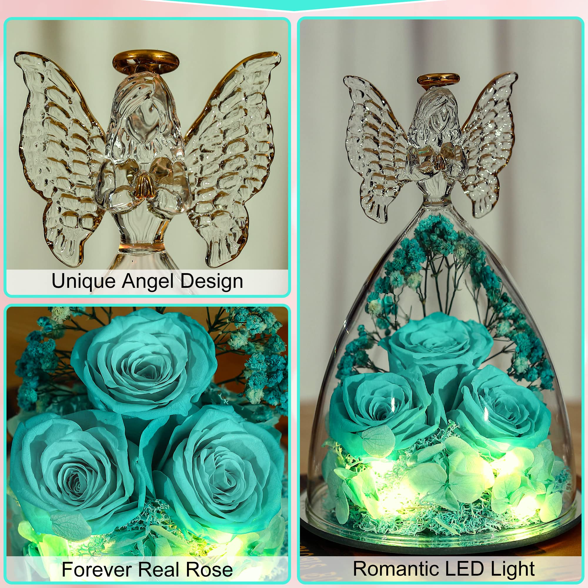 Glass Angel Figurine with 3 Preserved Real Roses - Eternal Rose Gift for Women, Mothers Day Present, Home Decor & Romantic Keepsake - Tify Blue