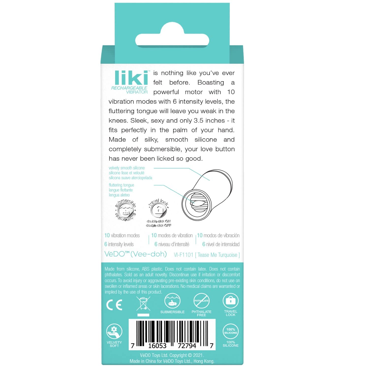 VeDO LIKI Rechargeable Clitoral Vibrator - Waterproof G Spot Stimulator for Women, Tease Me Turquoise - Perfect for Solo Play & Couples Intimacy
