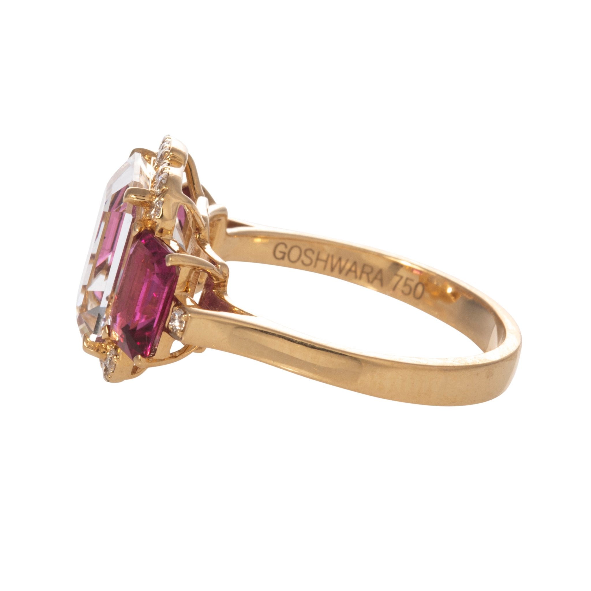 Goshwara 3 Stone Rock Crystal & Rubellite 18K Gold Ring for Women - Elegant Handmade Jewelry for Weddings, Anniversaries & Special Occasions