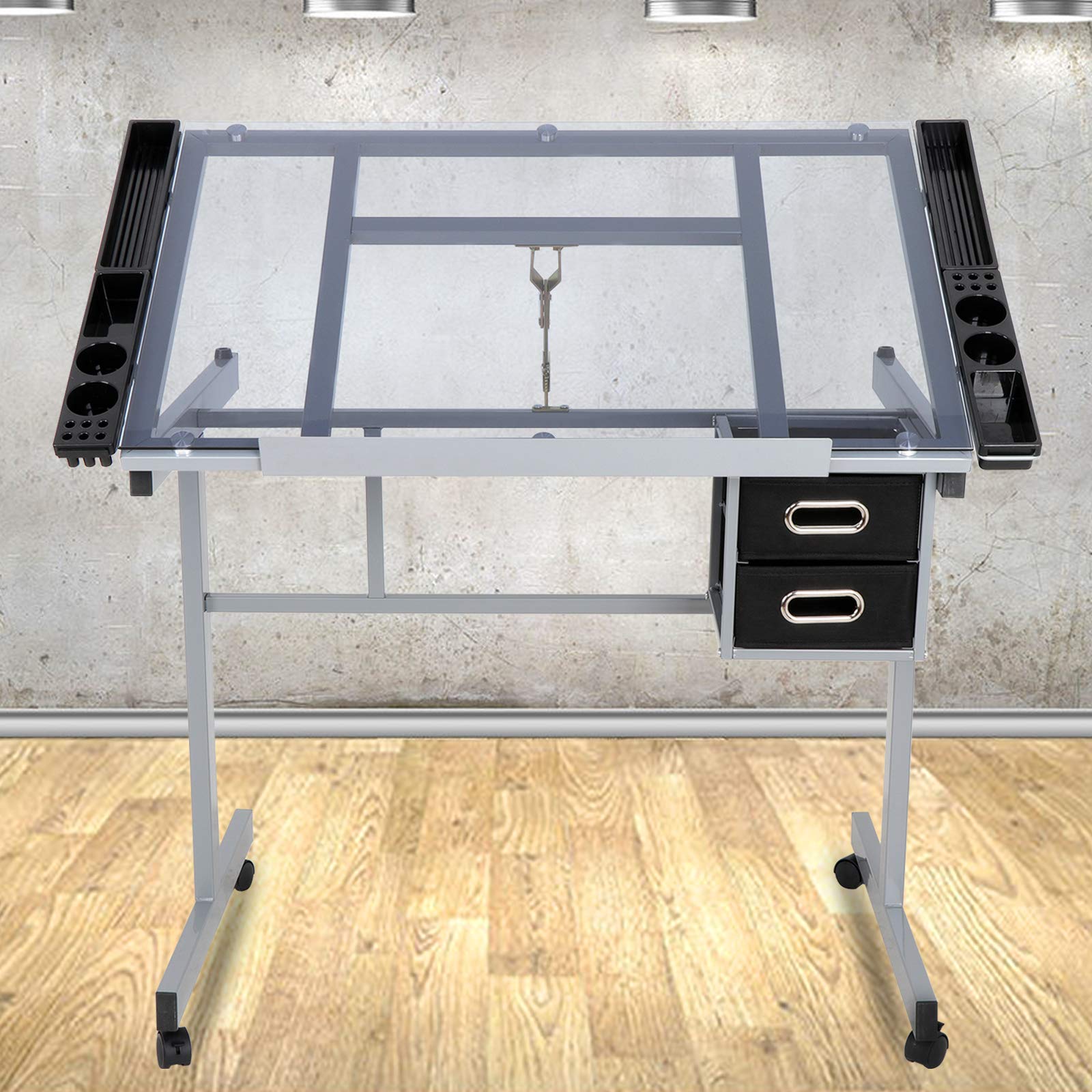 Adjustable Drafting Table with Wheels - Tilting Glass Top Artist Desk for Drawing & Crafting, Includes Storage & Side Tray - Perfect for Home Office, Studio & Art Classroom Workspaces