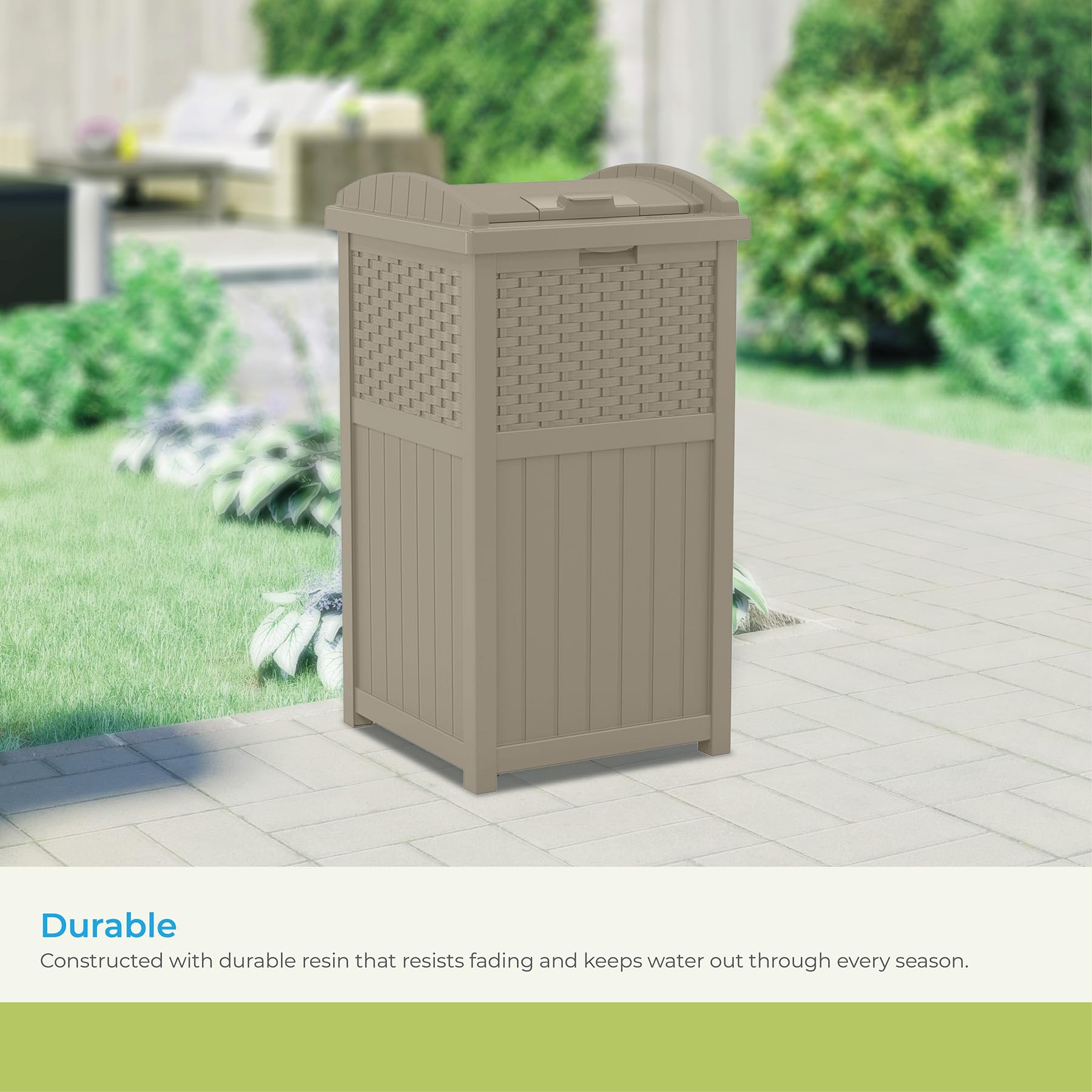Suncast 33 Gallon Outdoor Trash Can with Lid - Durable Resin Hideaway Garbage Bin for Patio, Backyard & Deck - Weatherproof Dark Taupe Design - Perfect for BBQs, Poolside & Outdoor Entertaining