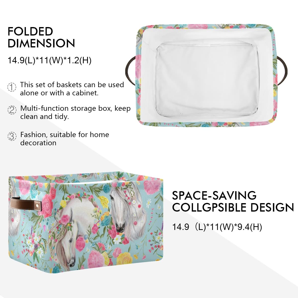 Square Canvas Storage Basket for Closet & Office - Horses & Flowers Design