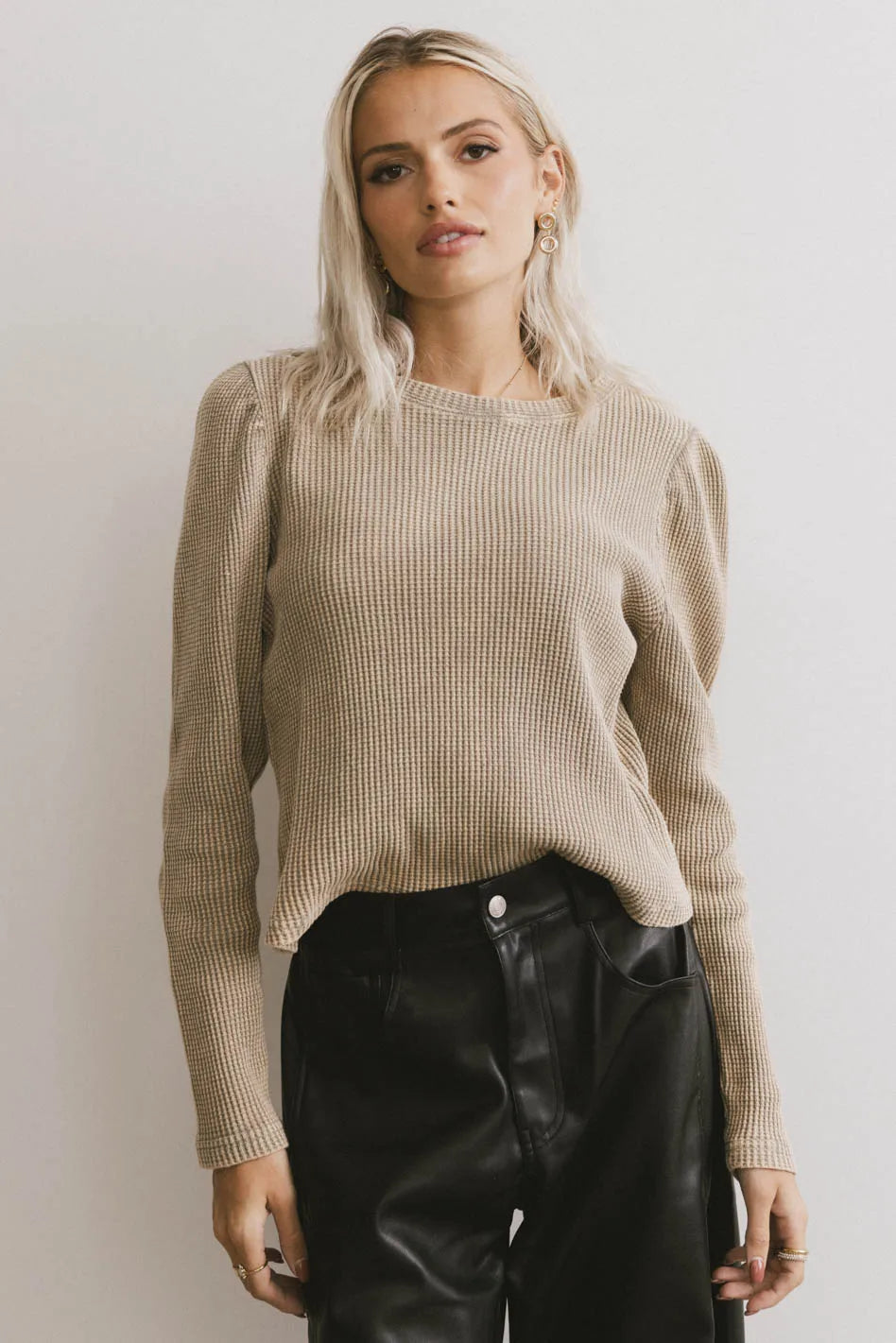 Kelcey Waffle Knit Women's Long Sleeve T-Shirt in Olive Green | Soft & Breathable Cotton Blend | Casual Fall & Winter Layering Top for Women | Perfect for Work, Date Night & Weekend Outfits