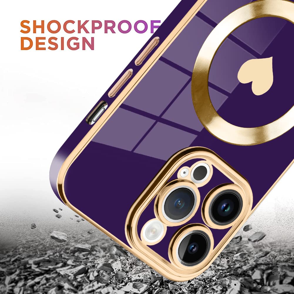 Magnetic iPhone 15 Pro Max Case with Magsafe Compatibility - Luxury Plating Edge Bumper & Full Camera Protection, Cute Love Design in Purple (6.7 Inch) - Perfect for Everyday Use, Travel & Wireless Charging