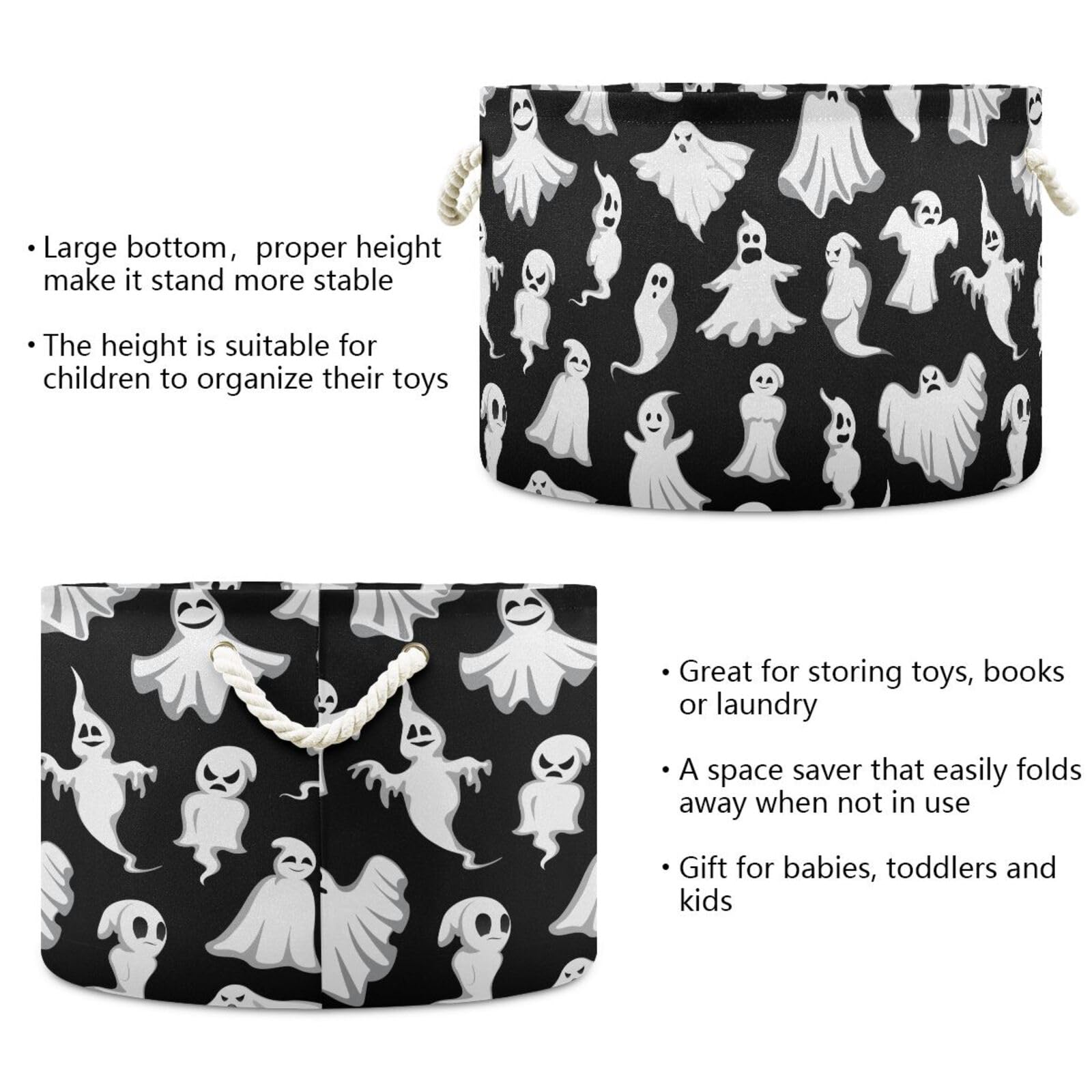 Halloween Ghost Pattern Collapsible Storage Basket - Large Round Toy Organizer, Laundry Hamper & Home Decor Bin for Clothes, Toys & More | Perfect for Kids' Room, Nursery & Seasonal Decor