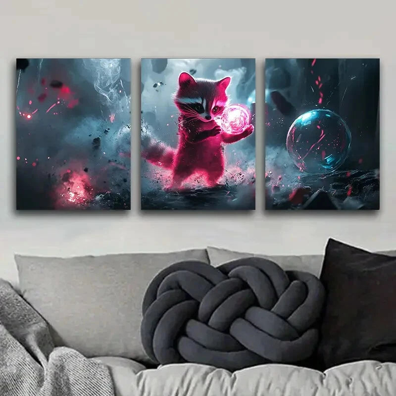 3-Piece Magical Raccoon Metal Wall Art - Ready to Hang Wildlife Decor for Living Room, Bedroom, or Office