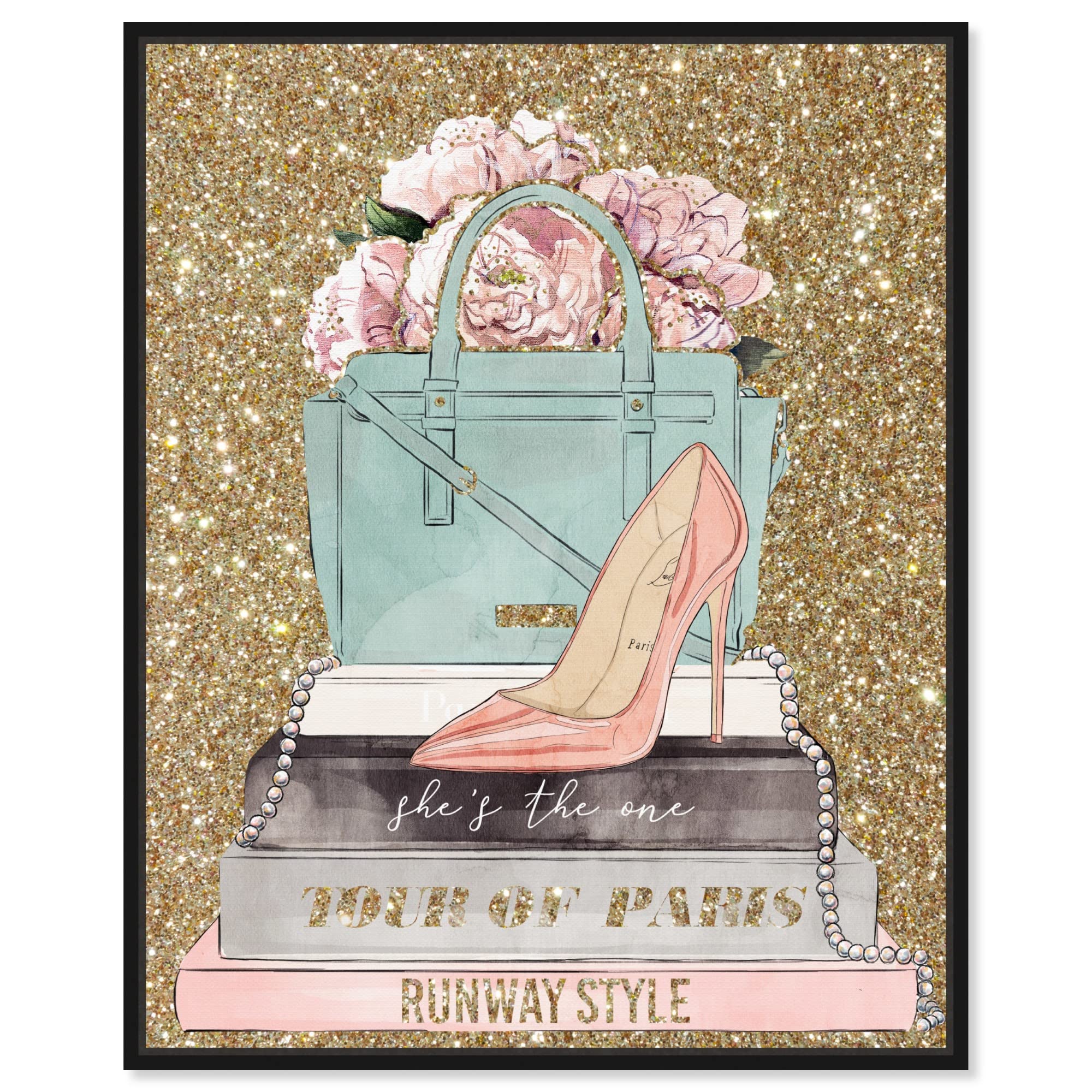 Oliver Gal Artist Co. Fashion & Glam Wall Art Framed Canvas Print - 'Flowers Books and Heels Oh My' Home Decor for Living Room, Bedroom & Office