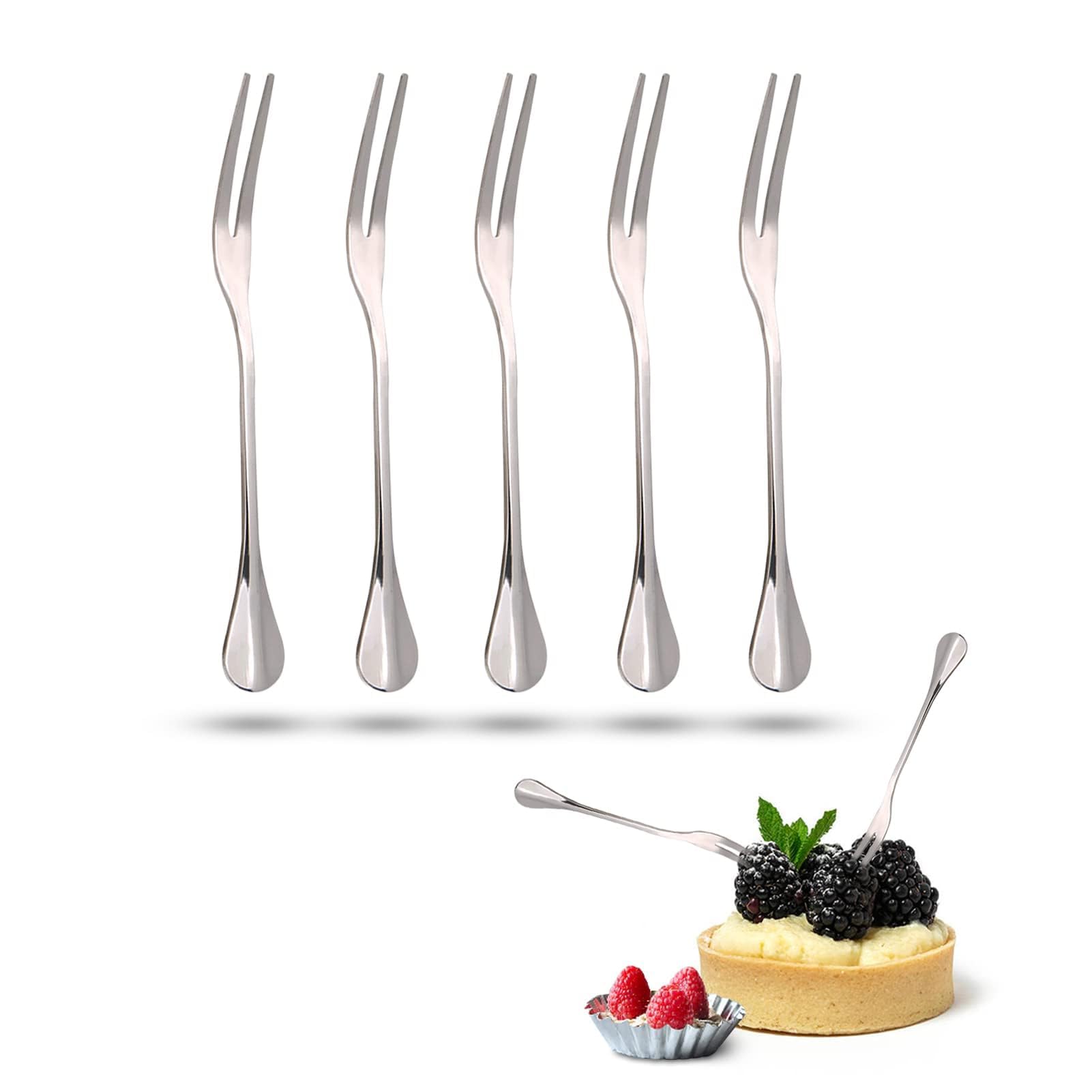 5PCS Stainless Steel Fruit Forks - 4.72 Inch 2-Prong Cocktail & Dessert Forks for Cake, Mussels, Appetizers - Durable Handle for BBQ, Party, Gathering - Perfect for Fruit Platters, Wine Tasting & Outdoor Dining