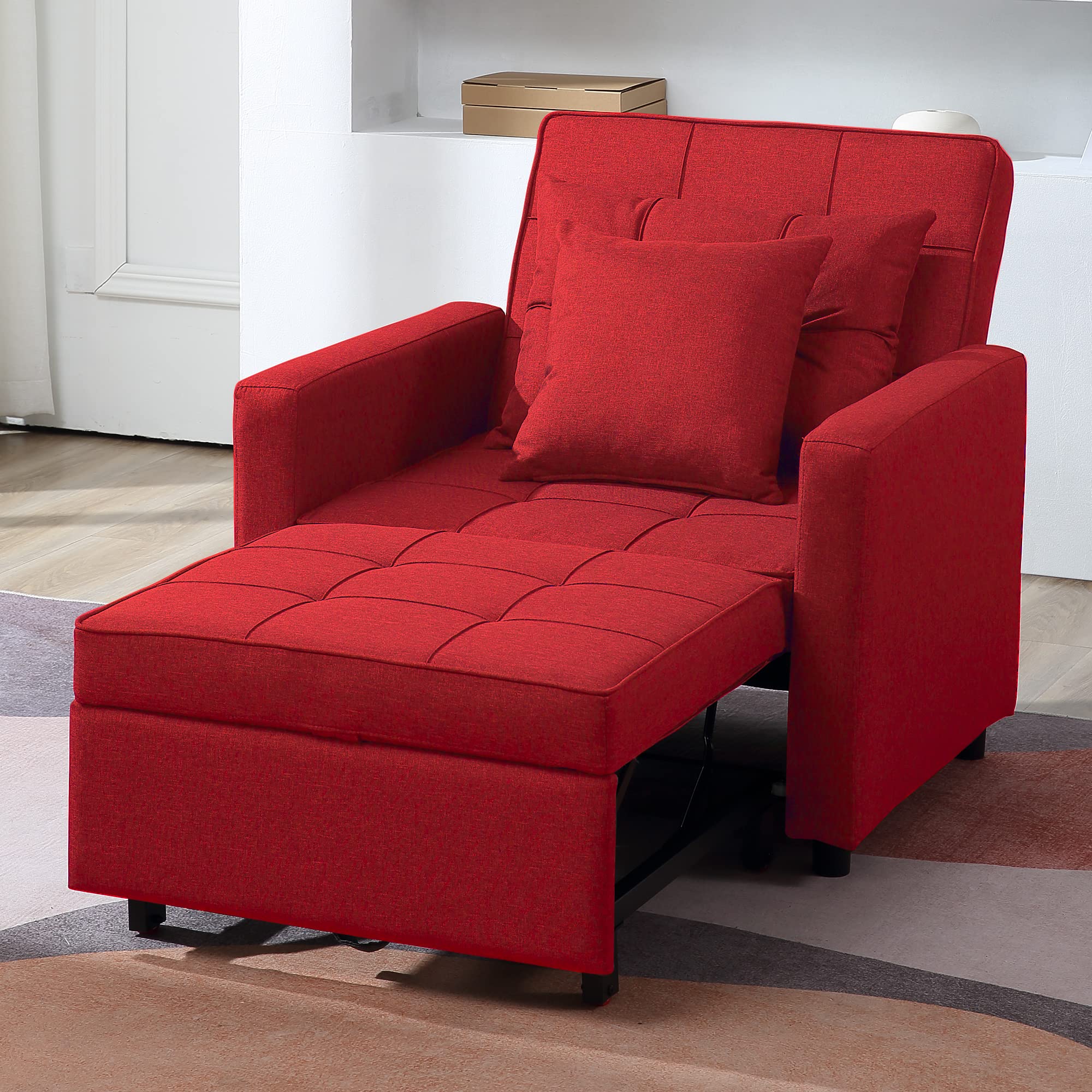 3-in-1 Convertible Chair Bed - Foldable Sofa Sleeper with Adjustable Backrest, Pull Out Guest Bed & Multi-Functional Armchair - Modern Linen Fabric for Living Room, Studio Apartment & Small Spaces (Linen Red)