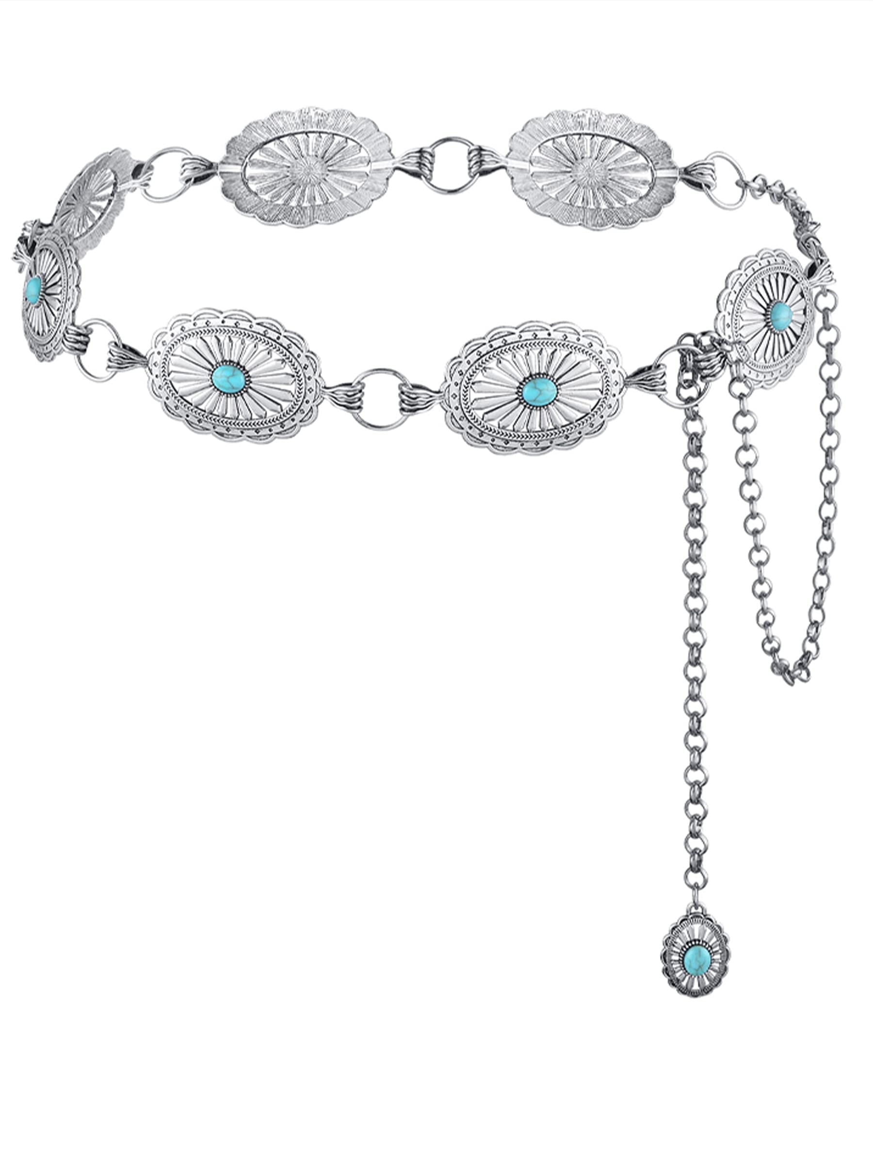 Western Cowgirl Adjustable Metal Waist Chain Belt for Women - Silver Concho Chain Belt for Dresses, Jeans & Outfits | Perfect for Country Concerts, Rodeos & Boho Fashion
