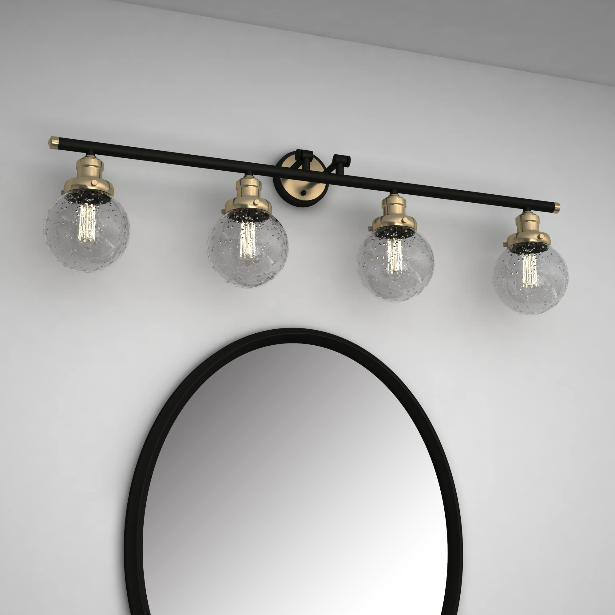 Vanity Art 4-Light Wall Sconce in Black with Antique Brass Finish - Modern Bathroom Vanity Lighting with Clear Seedy Glass - Vintage Porch & Living Room Wall Lamp (BA201-4BK-AB-SY) | Perfect for Bathroom Makeovers, Bedroom Accent Lighting & Farmhouse Decor