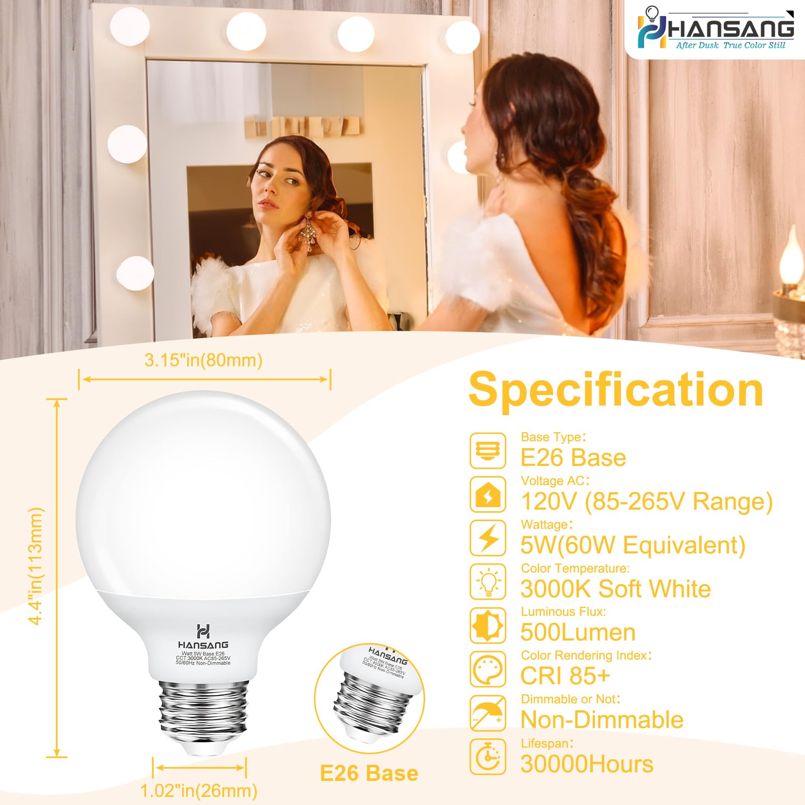 Hansang 8 Pack G25 LED Bathroom Light Bulbs 3000K Warm White E26 Base - 60W Equivalent Vanity Globe Bulbs (5W, 500LM, CRI 85+, Non-Dimmable) for Vanity Mirror, Makeup Area & Bathroom Lighting
