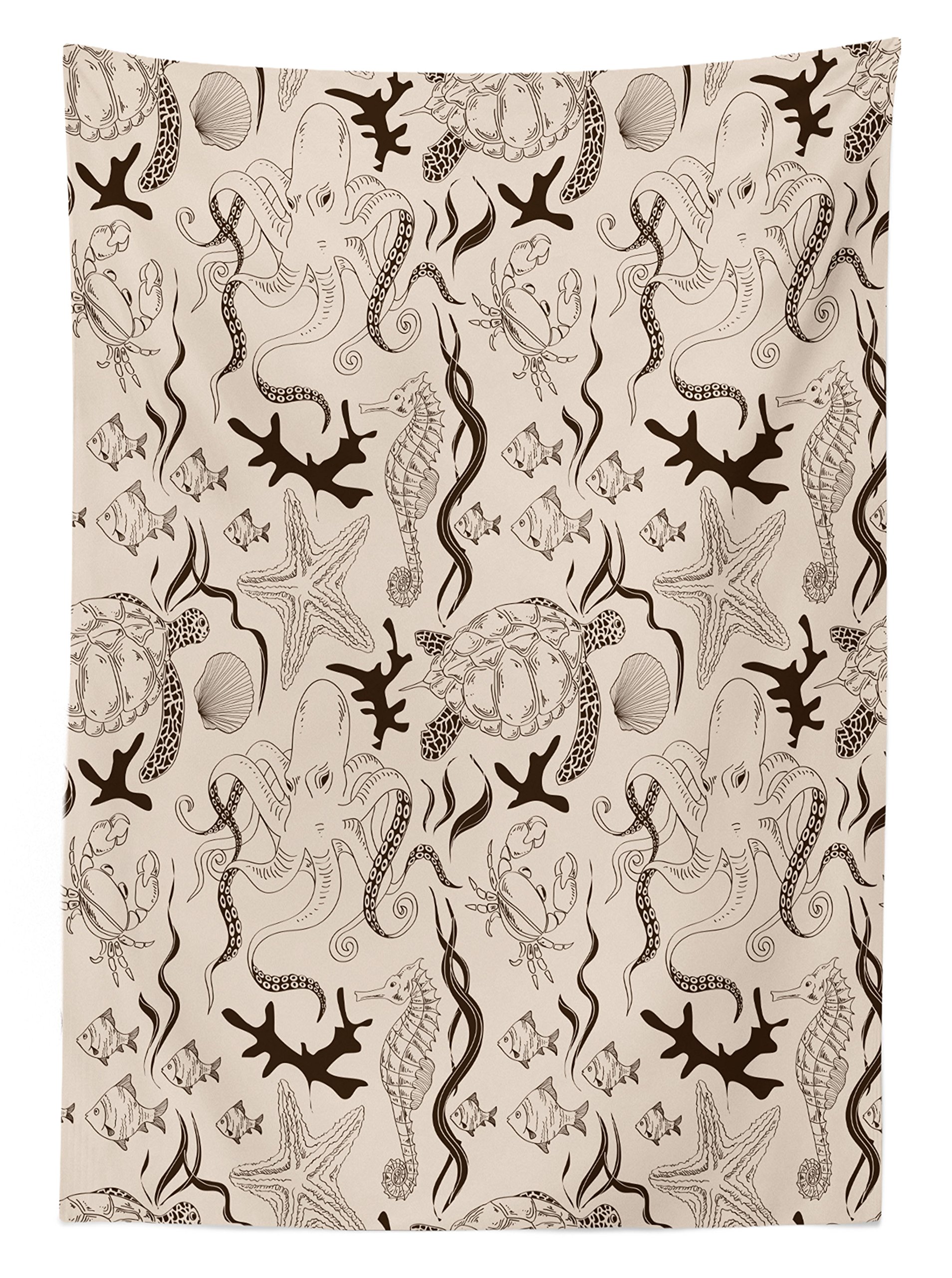 Ambesonne Beige Outdoor Tablecloth - Retro Style Marine Animals Print (Octopus, Crab, Seahorse) - Washable Picnic Table Cover 58x104 Inches - Perfect for Beach Parties, Garden Dining & Outdoor Decor