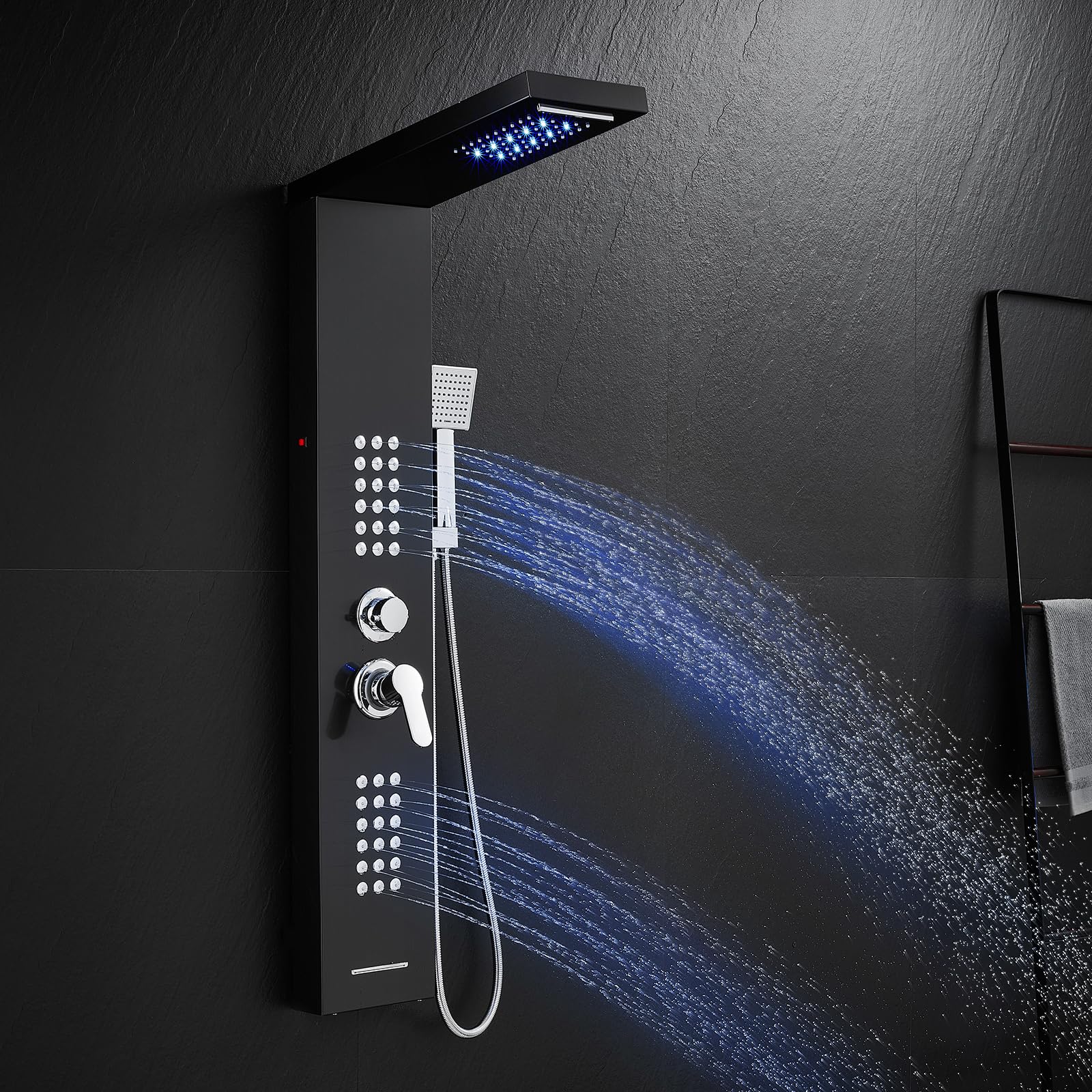 Premium 5-in-1 LED Shower Panel Tower System with Rainfall Shower Head, Body Jets & Handheld Spray - High Pressure Stainless Steel Shower Column for Spa-Like Bathroom Experience | Perfect for Master Bathrooms & Luxury Home Renovations