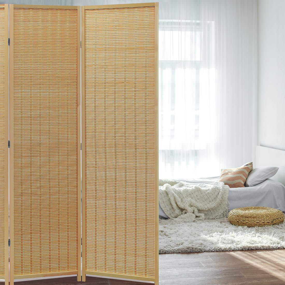 6 Panel Bamboo Room Divider Privacy Screen - Natural Freestanding Folding Partition for Home Office, Bedroom & Living Room - Beige