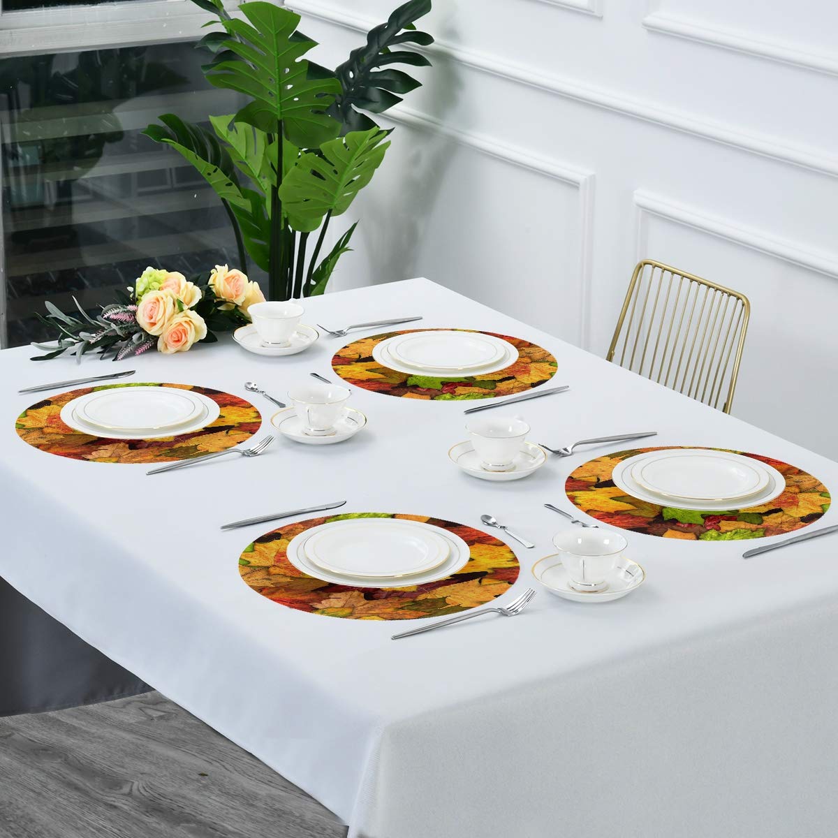 4-Pack Autumn Leaves Round Placemats - 15 Inch Fall Table Mats with Maple Leaf, Sunflower & Pumpkin Design for Kitchen, Dining Table, Dinner, Kids Holiday Party - Perfect for Thanksgiving, Halloween Decor & Seasonal Home Decorating