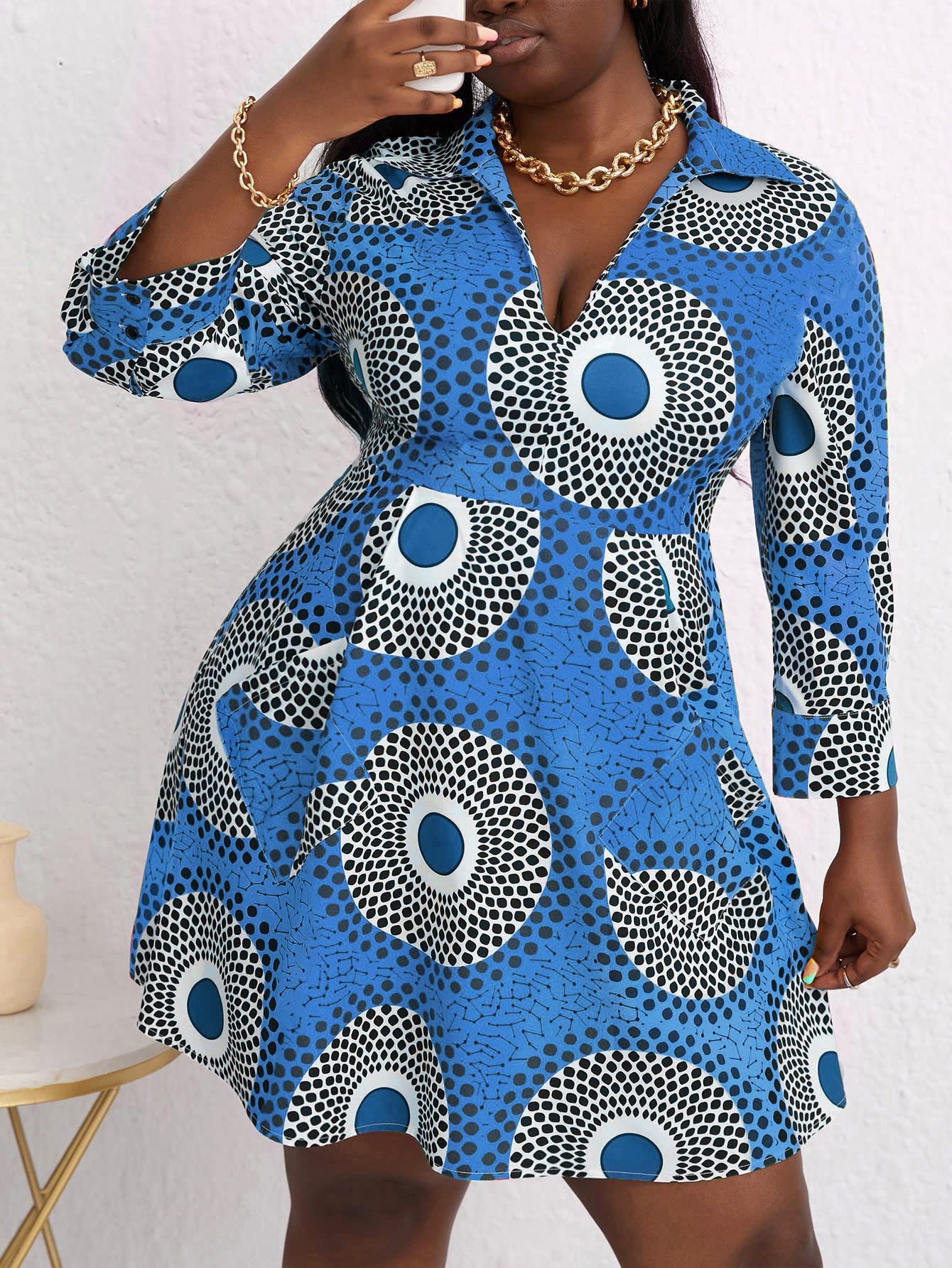 Plus Size Geo Print Hidden Pocket Dress for Women - Blue 2XL | Casual & Travel Wear, Perfect for Outdoor Activities & Daily Use